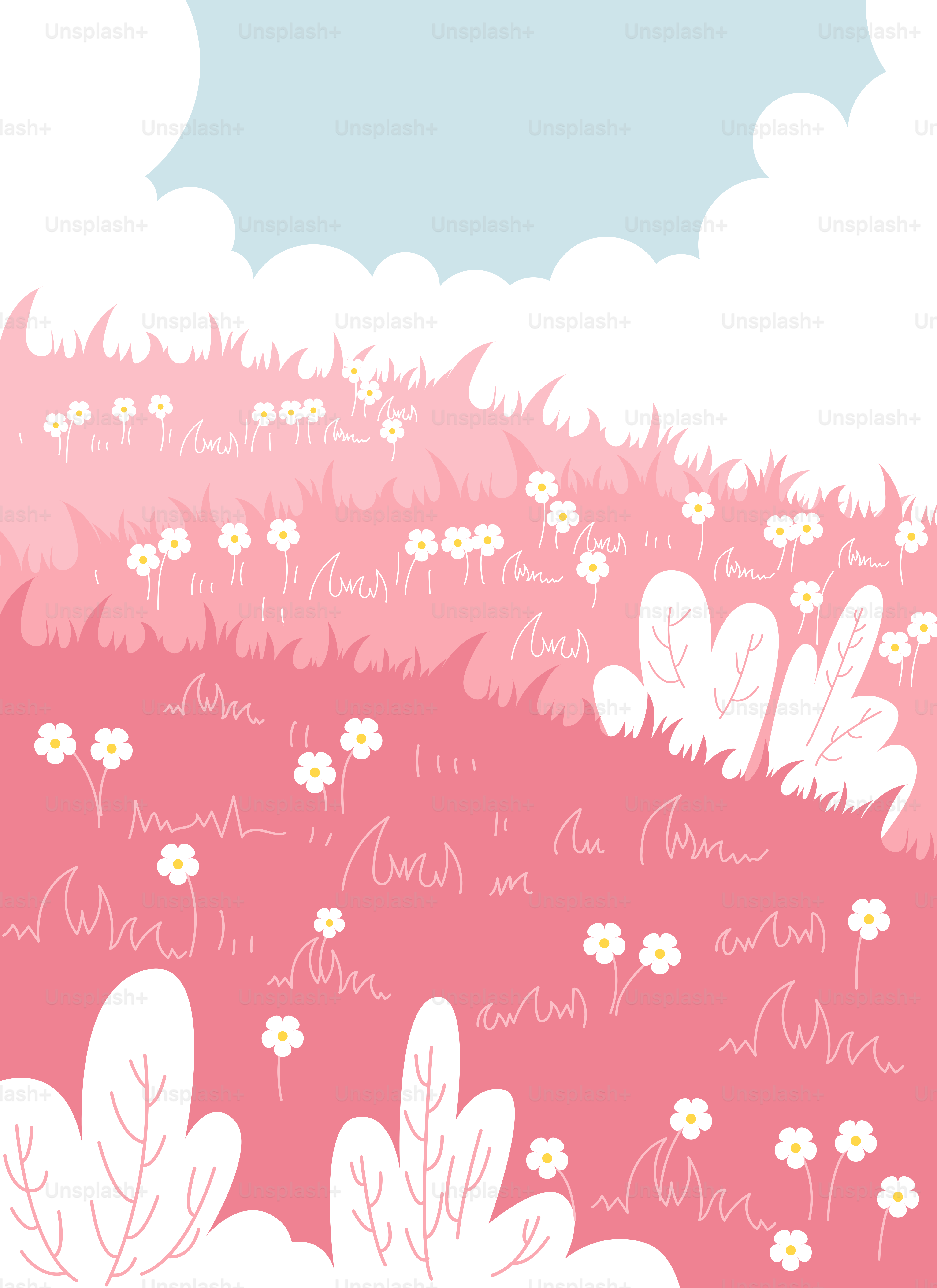 空には花と雲が広がる野原