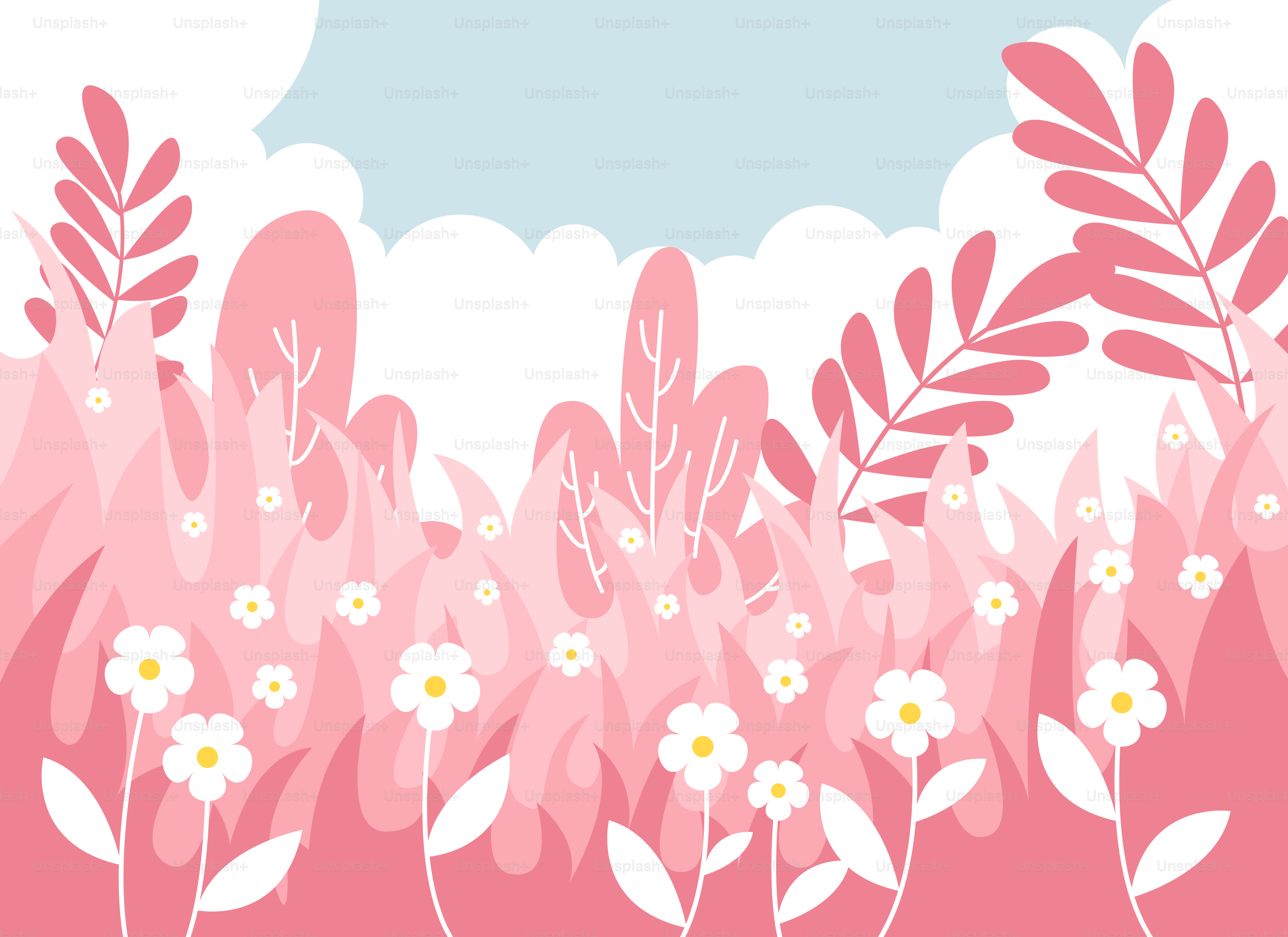 A pink background with white flowers and green leaves