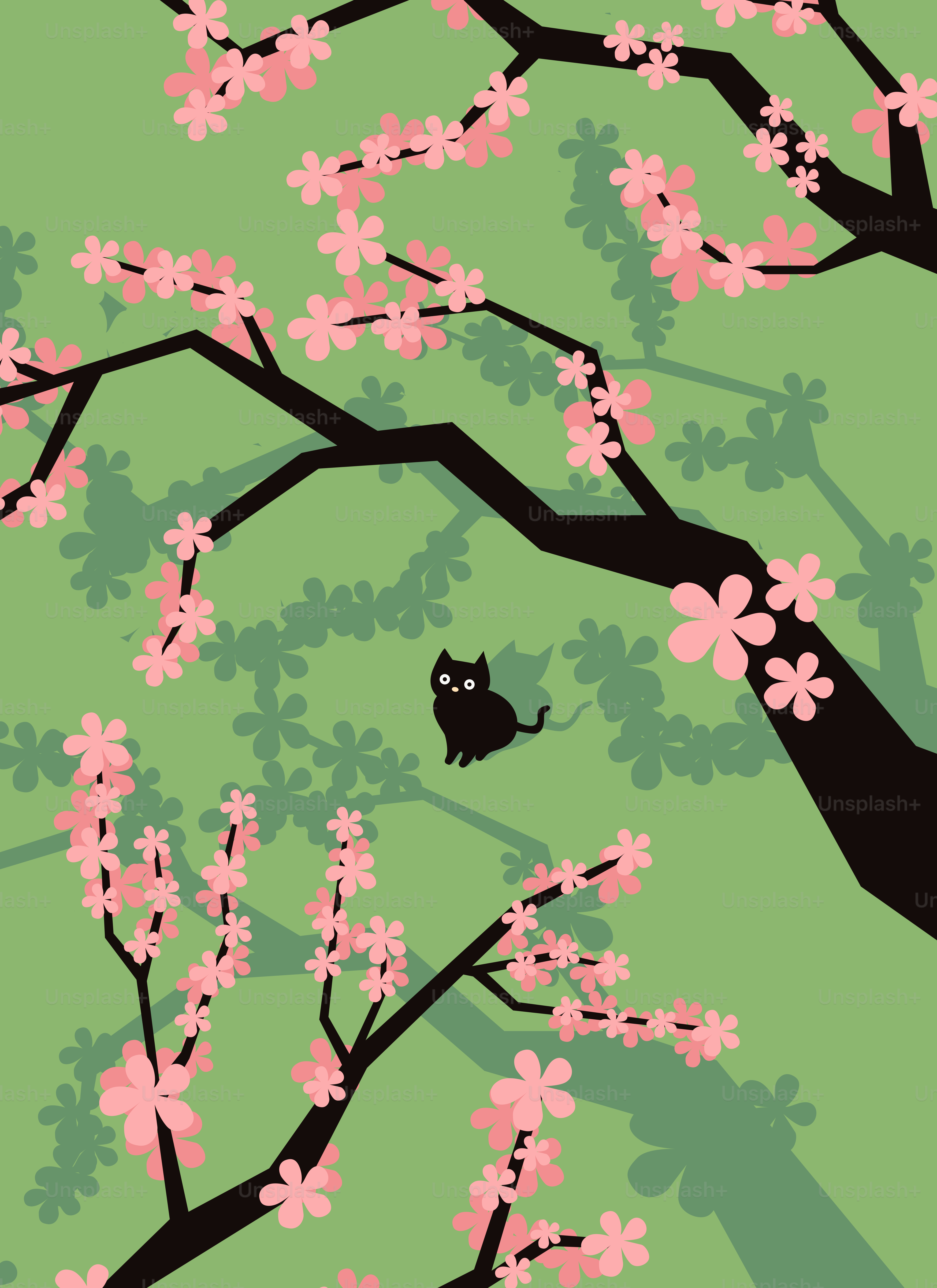 A cat sitting on a branch of a blossoming tree