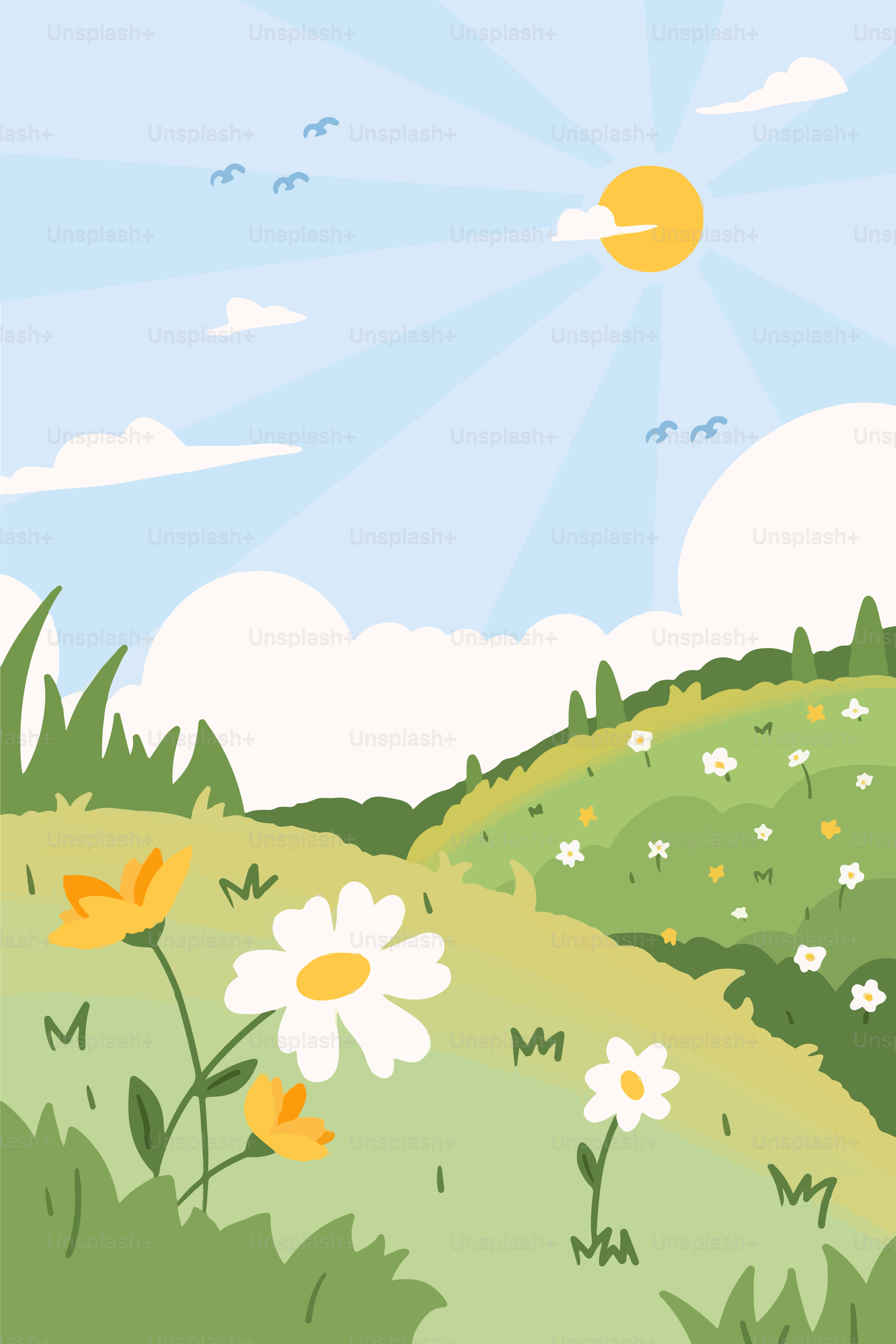 前景にデイジーの花が咲く野原の絵画