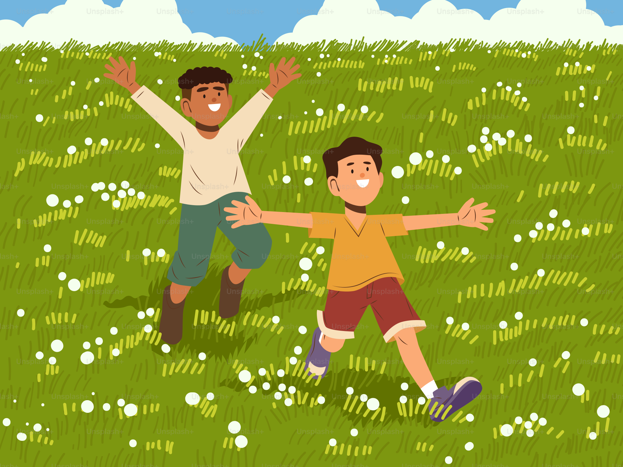 A couple of men standing on top of a lush green field