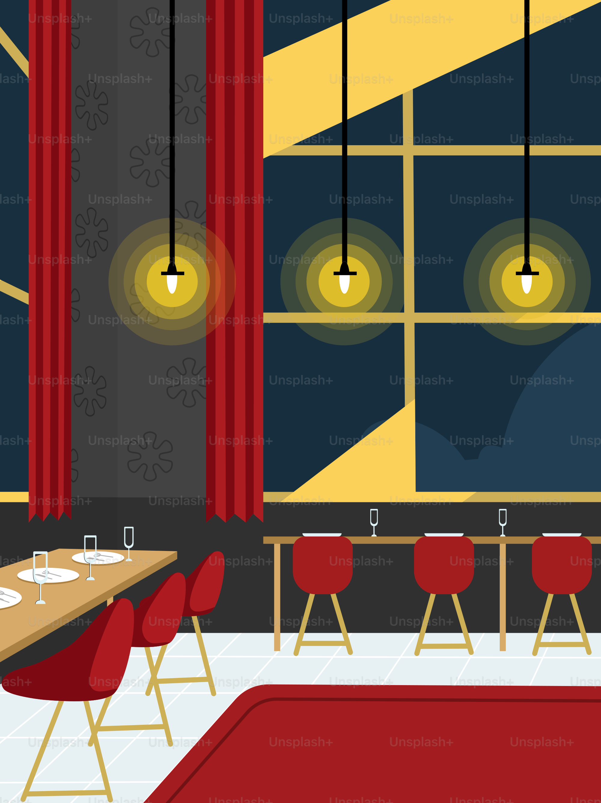 Ein Zimmer mit roten Stühlen und einem roten Teppich