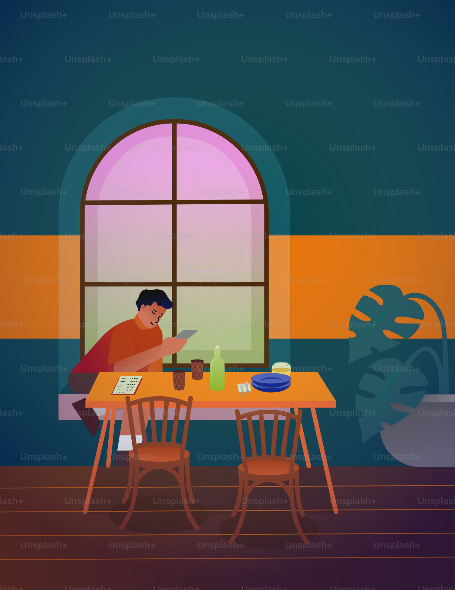 Un hombre sentado en una mesa frente a una ventana