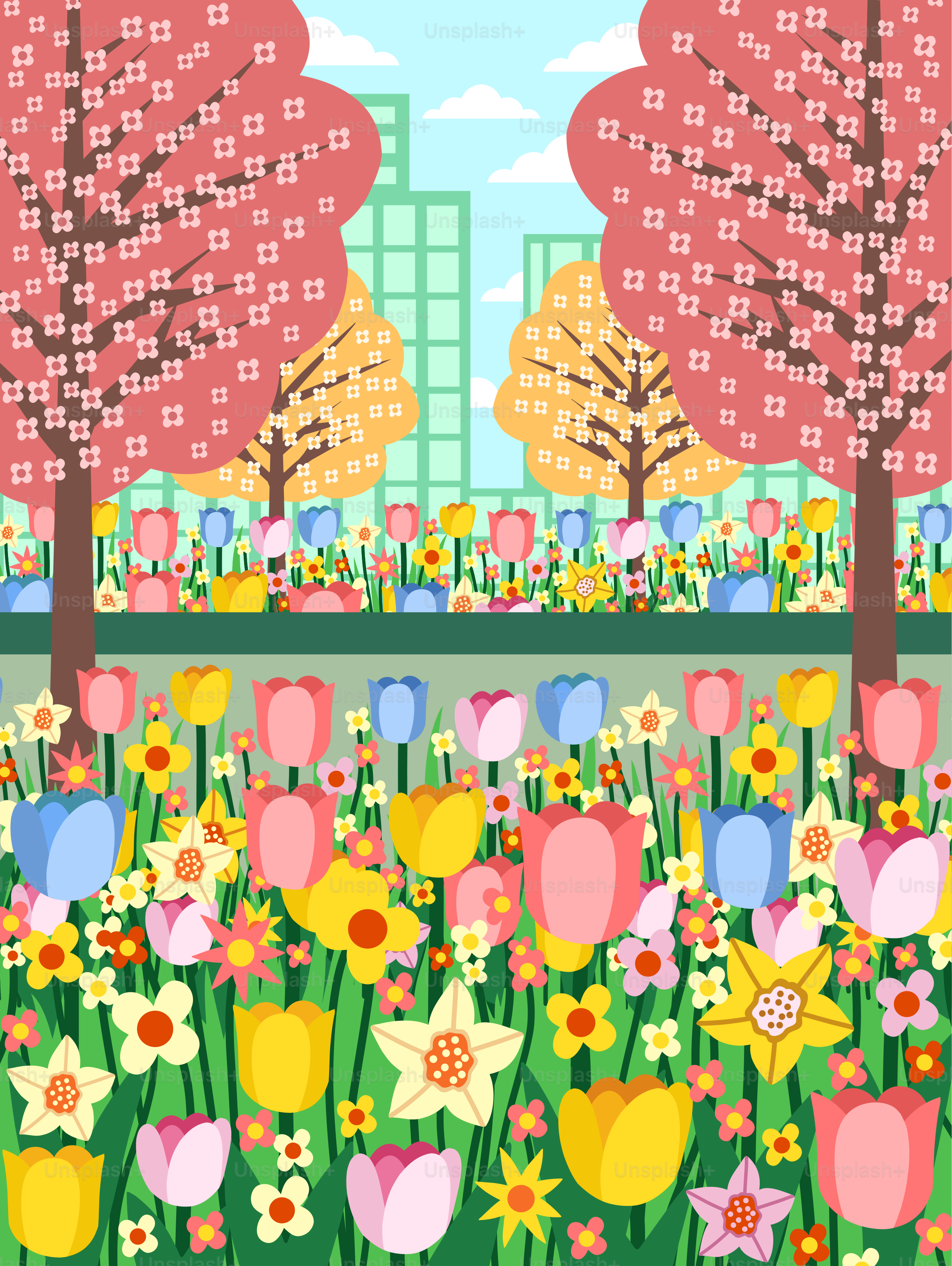 建物を背景にした花や木々の畑