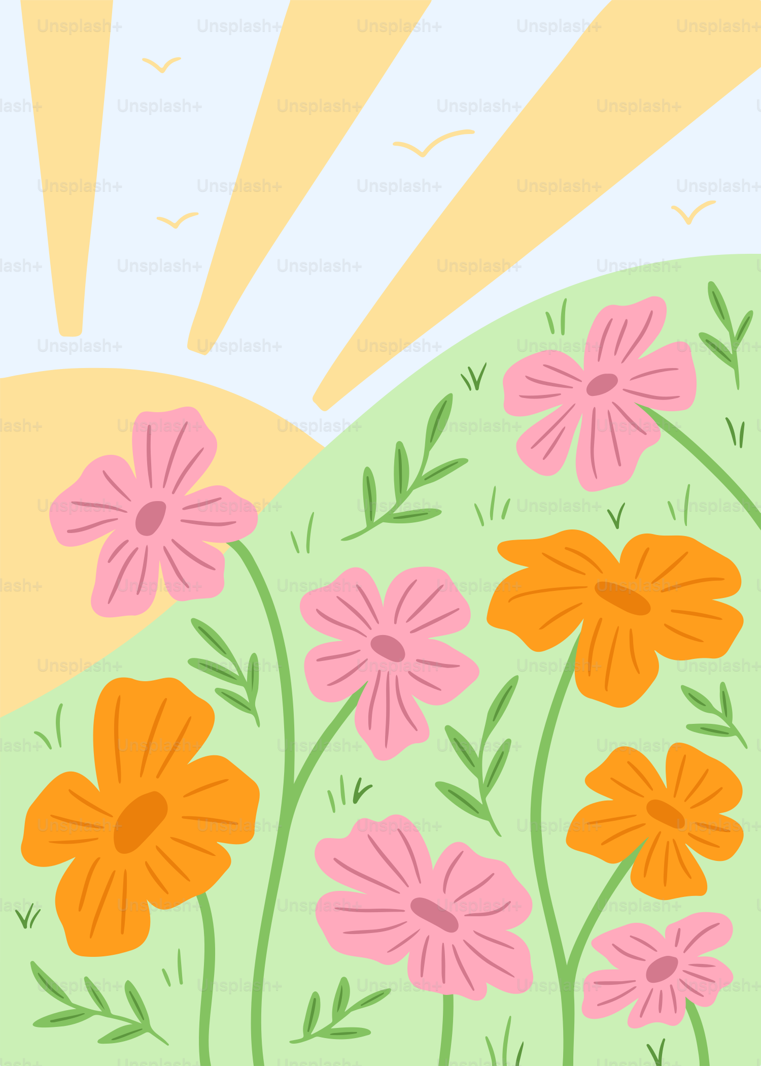 Una pintura de un campo de flores con el sol de fondo