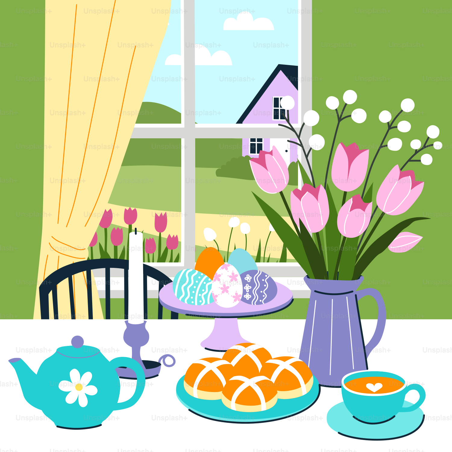 A table with a vase of flowers and a plate of food