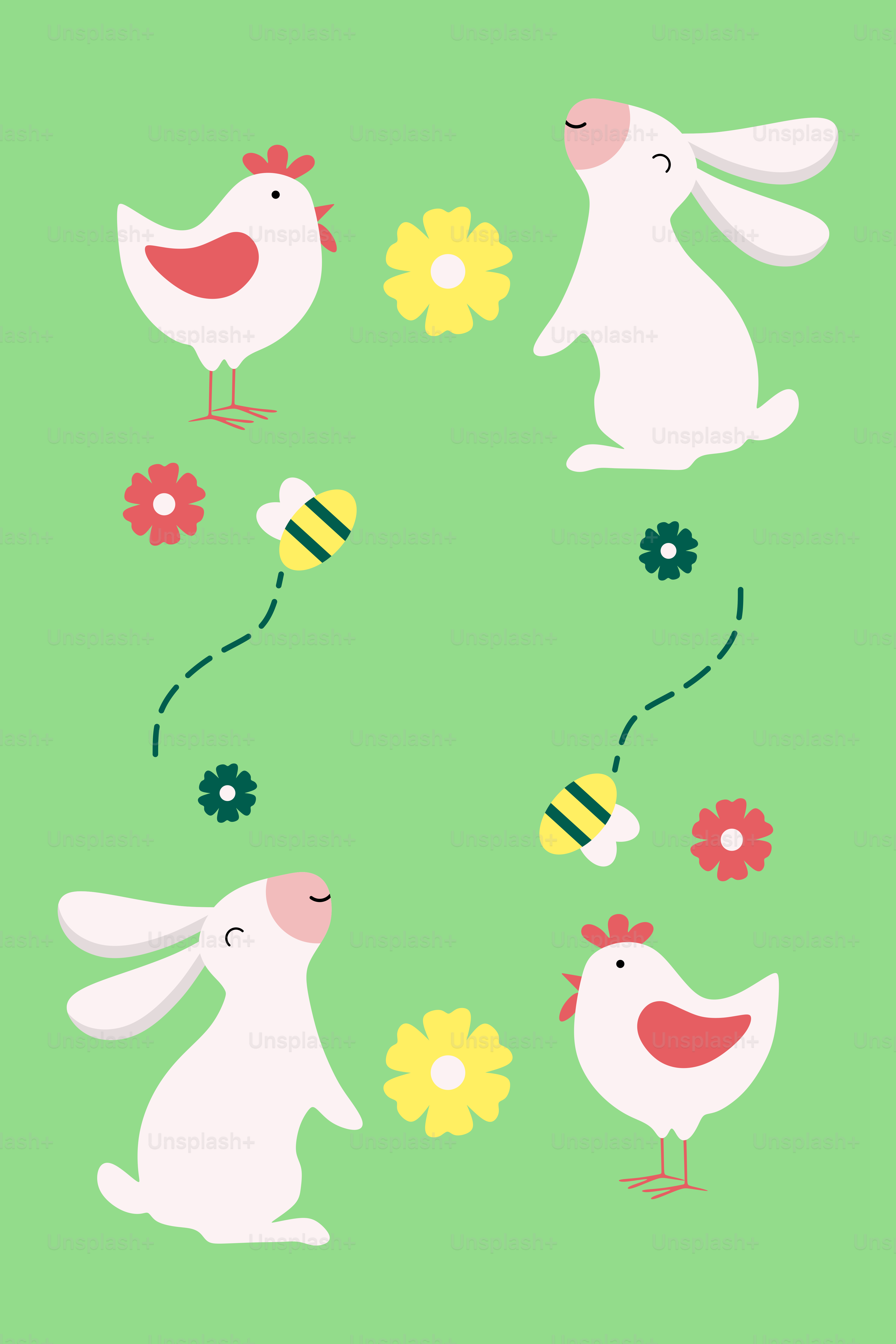 A green background with white rabbits and flowers