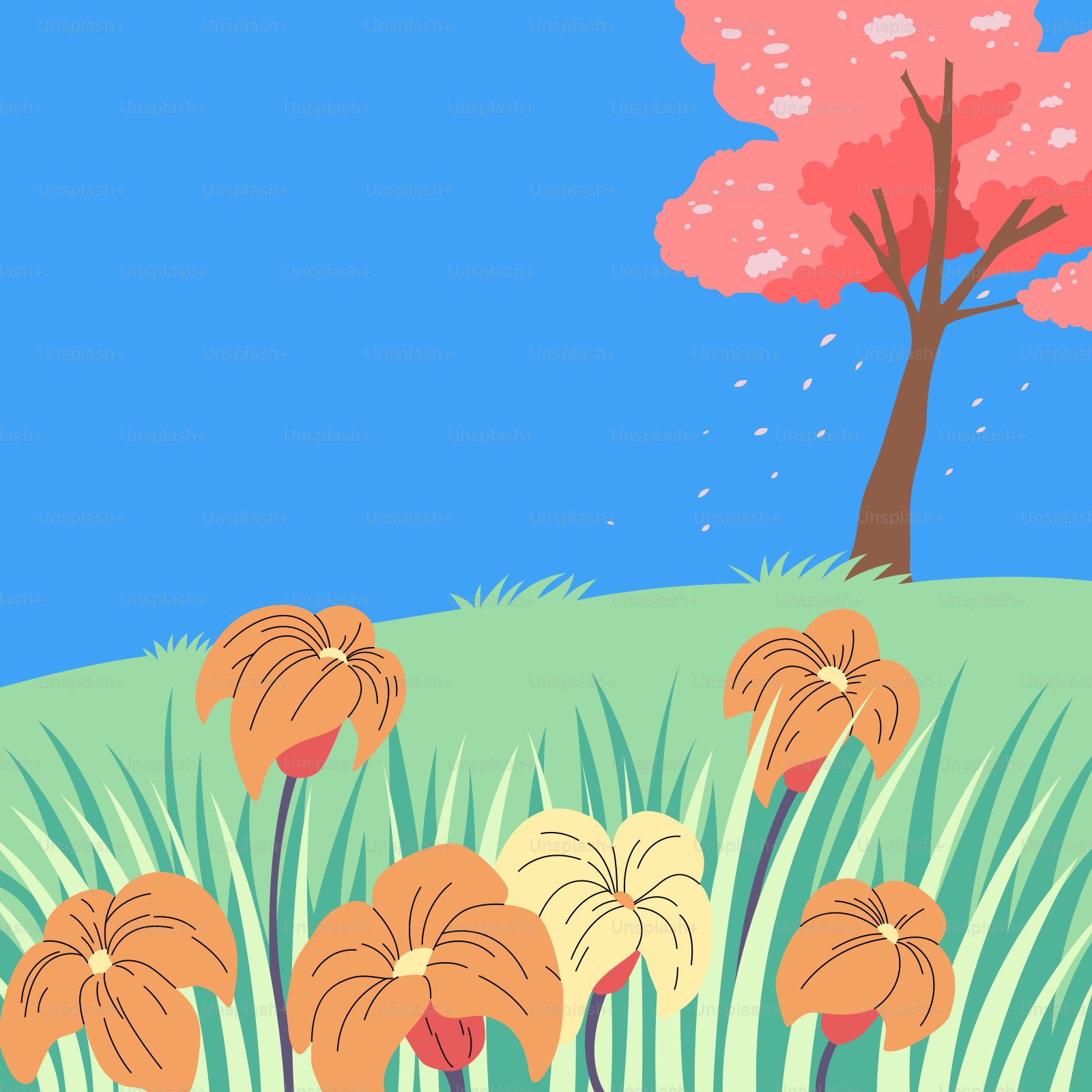 A painting of flowers and a tree on a hill