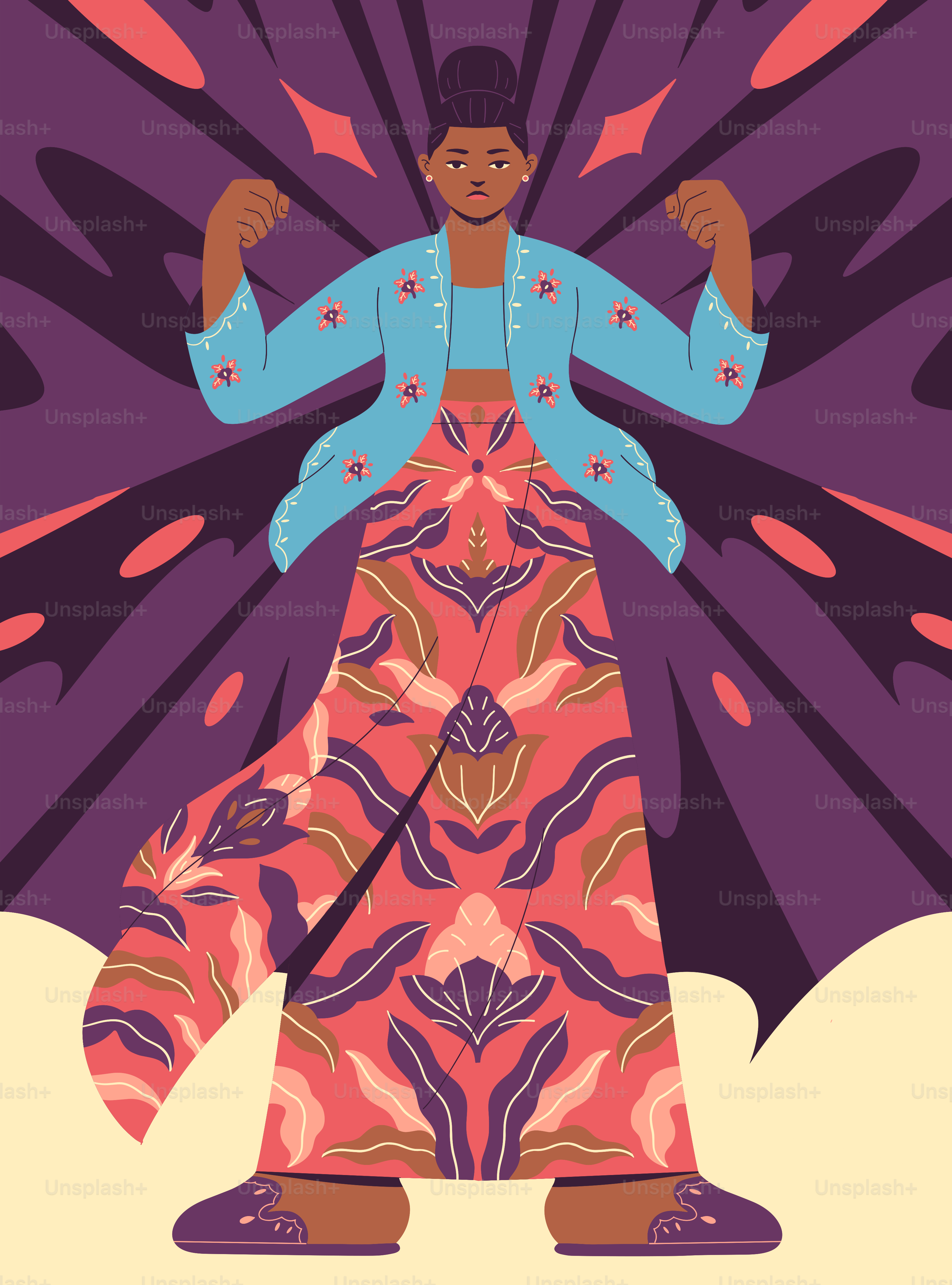 A woman in a colorful dress holding an umbrella