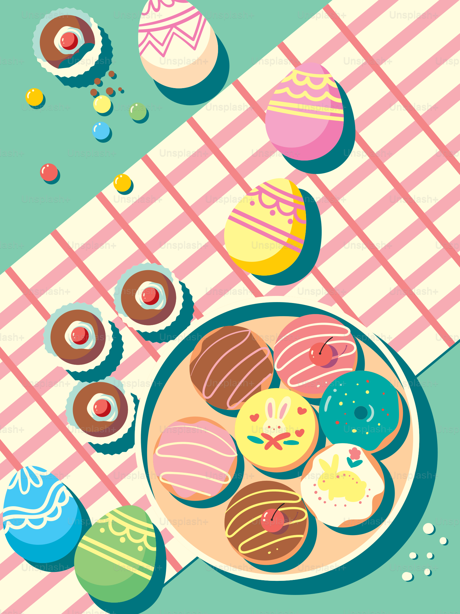 Ein Teller Donuts auf einer karierten Tischdecke