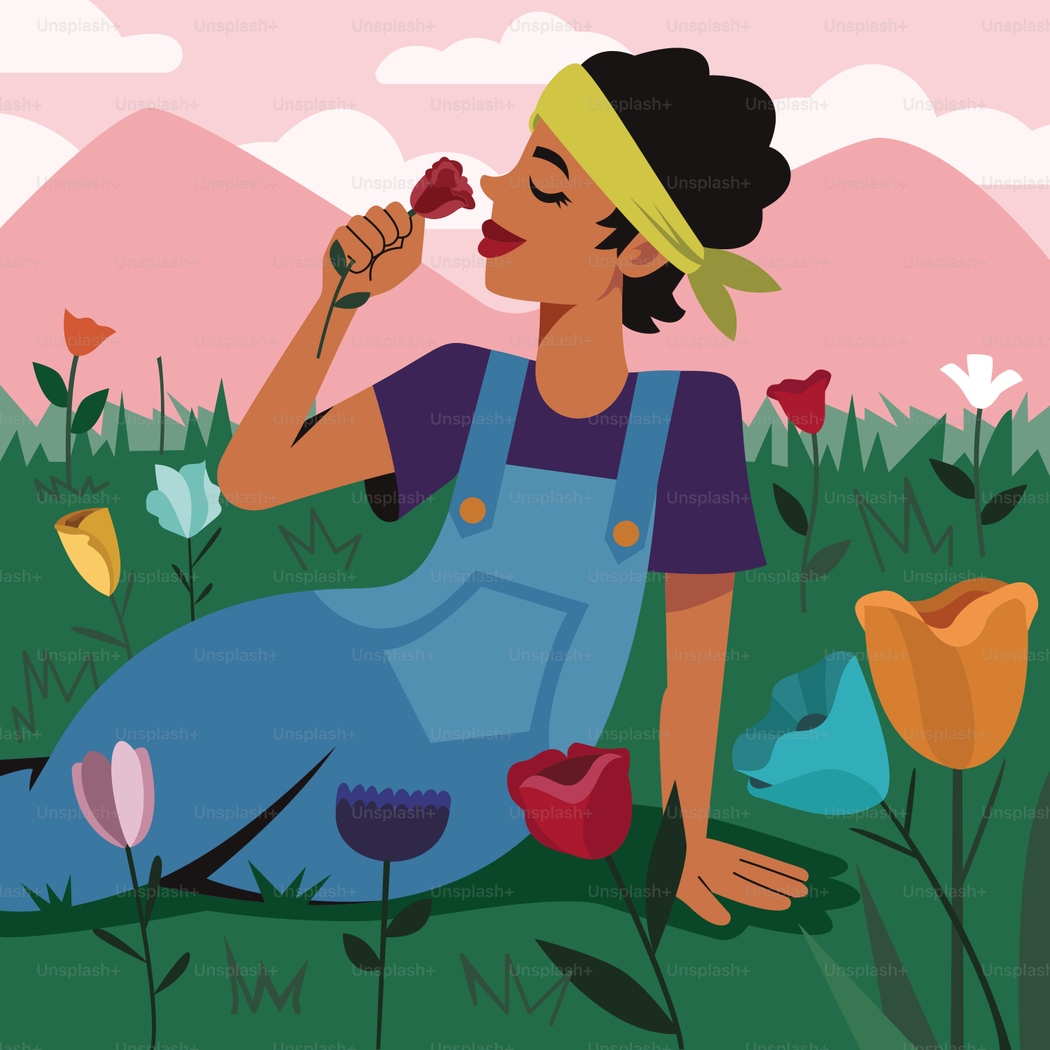 A woman sitting in a field eating a flower