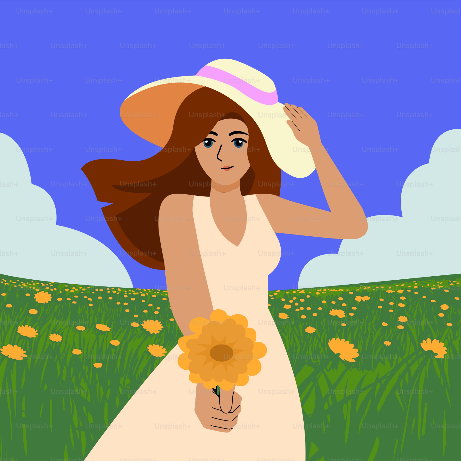Una mujer con un vestido blanco sosteniendo una flor amarilla