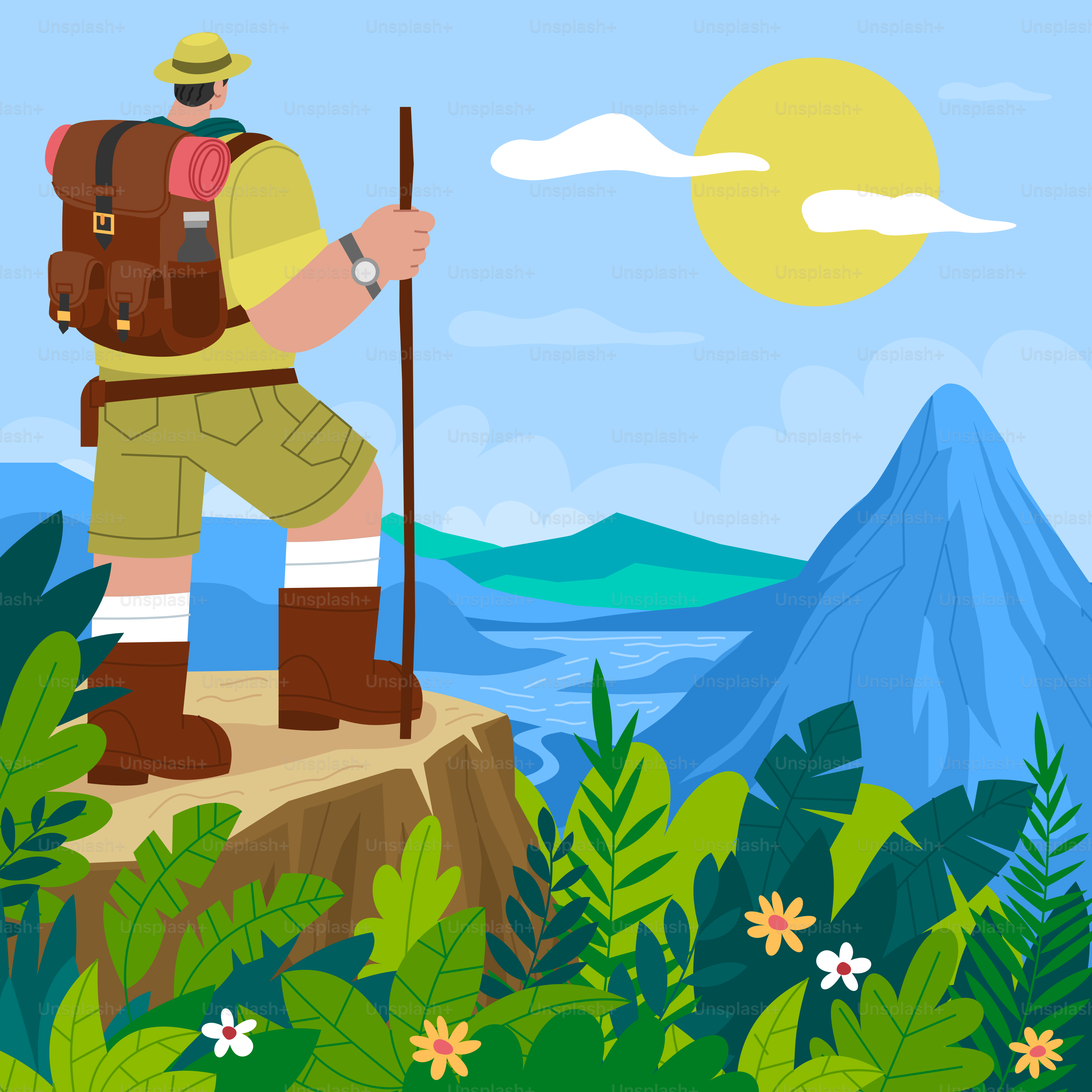 A man with a backpack is hiking up a hill