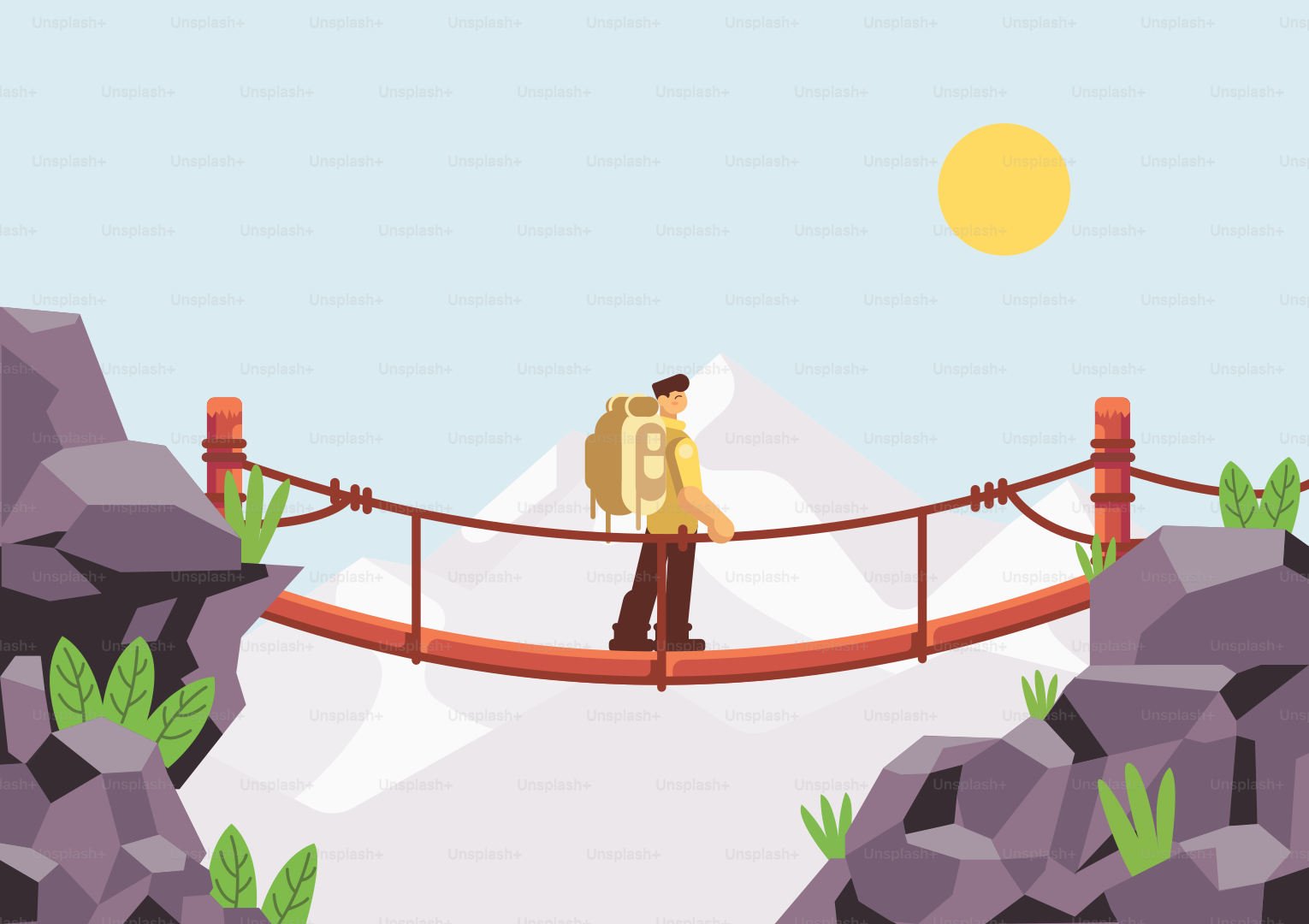 A man walking across a bridge over a river