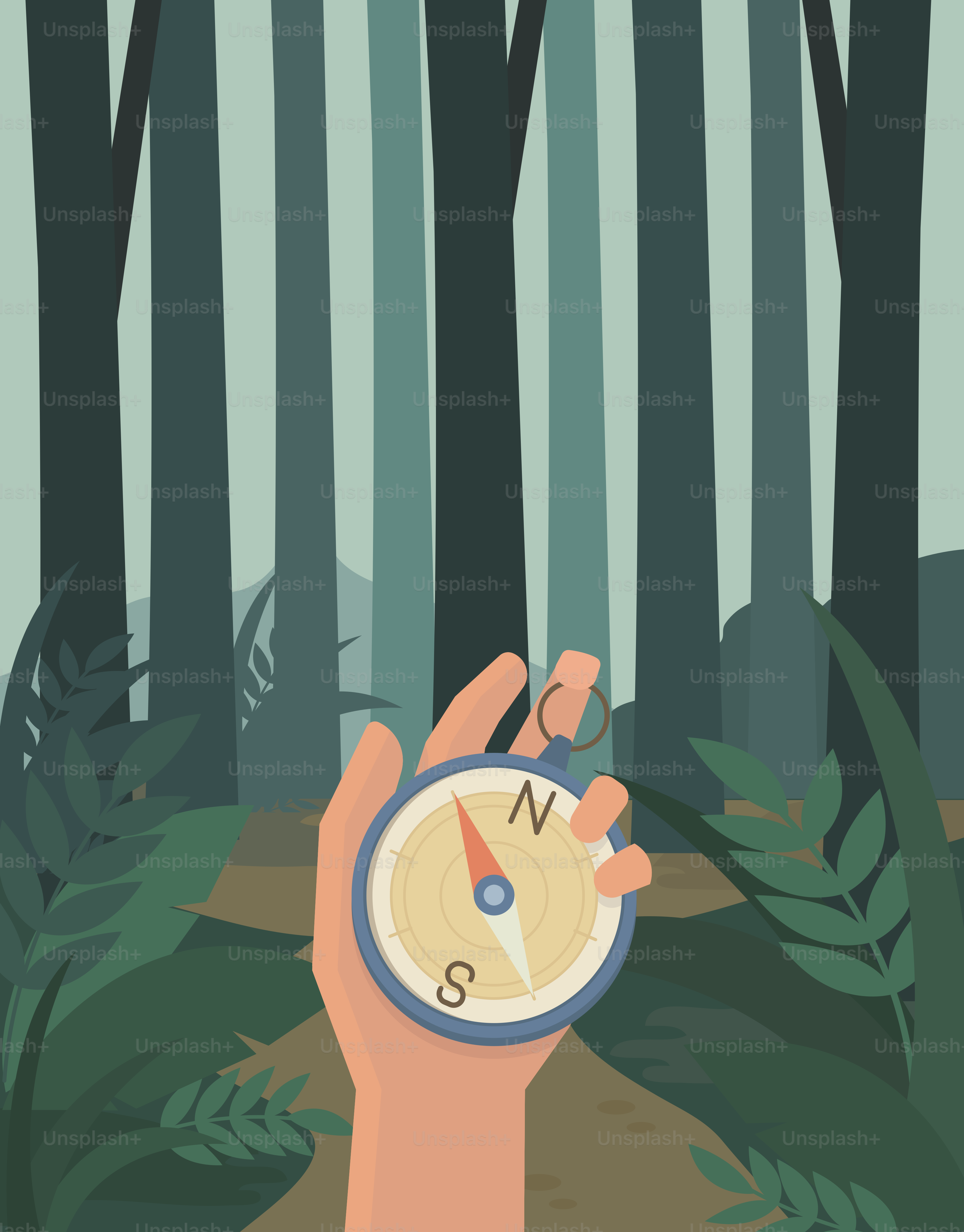 Uma mão segurando uma bússola no meio de uma floresta