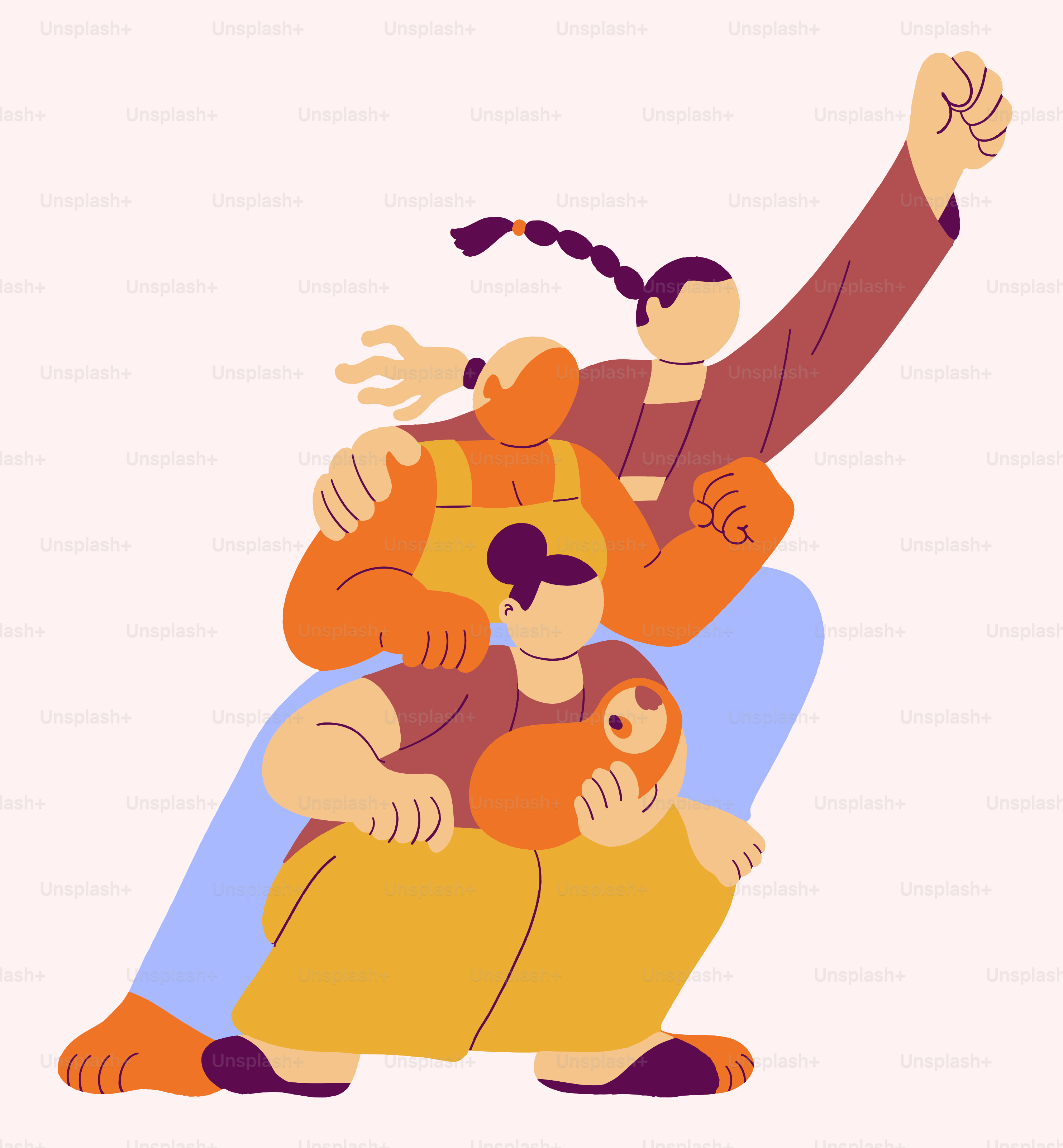 A man sitting on top of a woman holding a baby