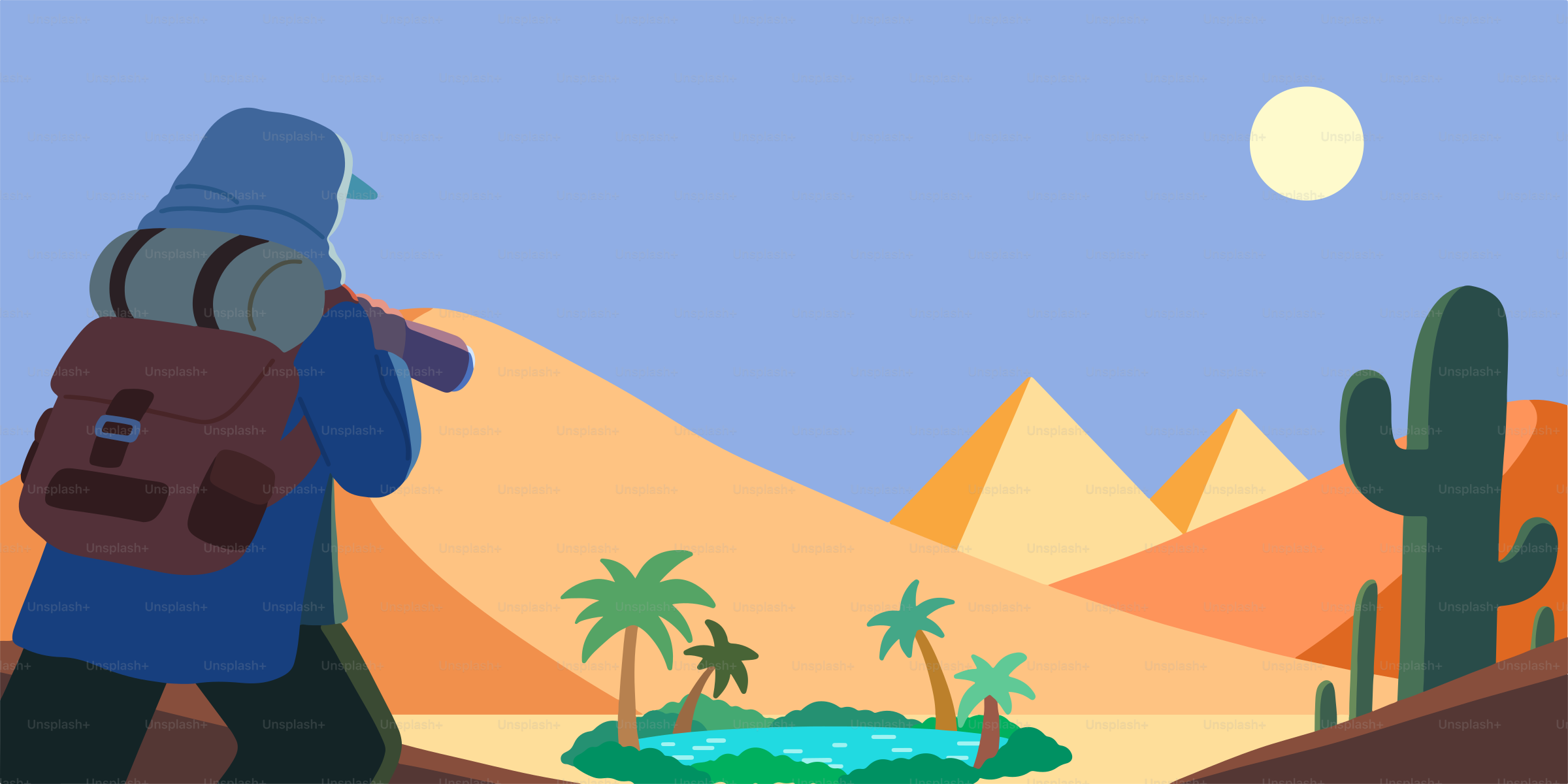 Um homem com uma mochila está caminhando pelo deserto