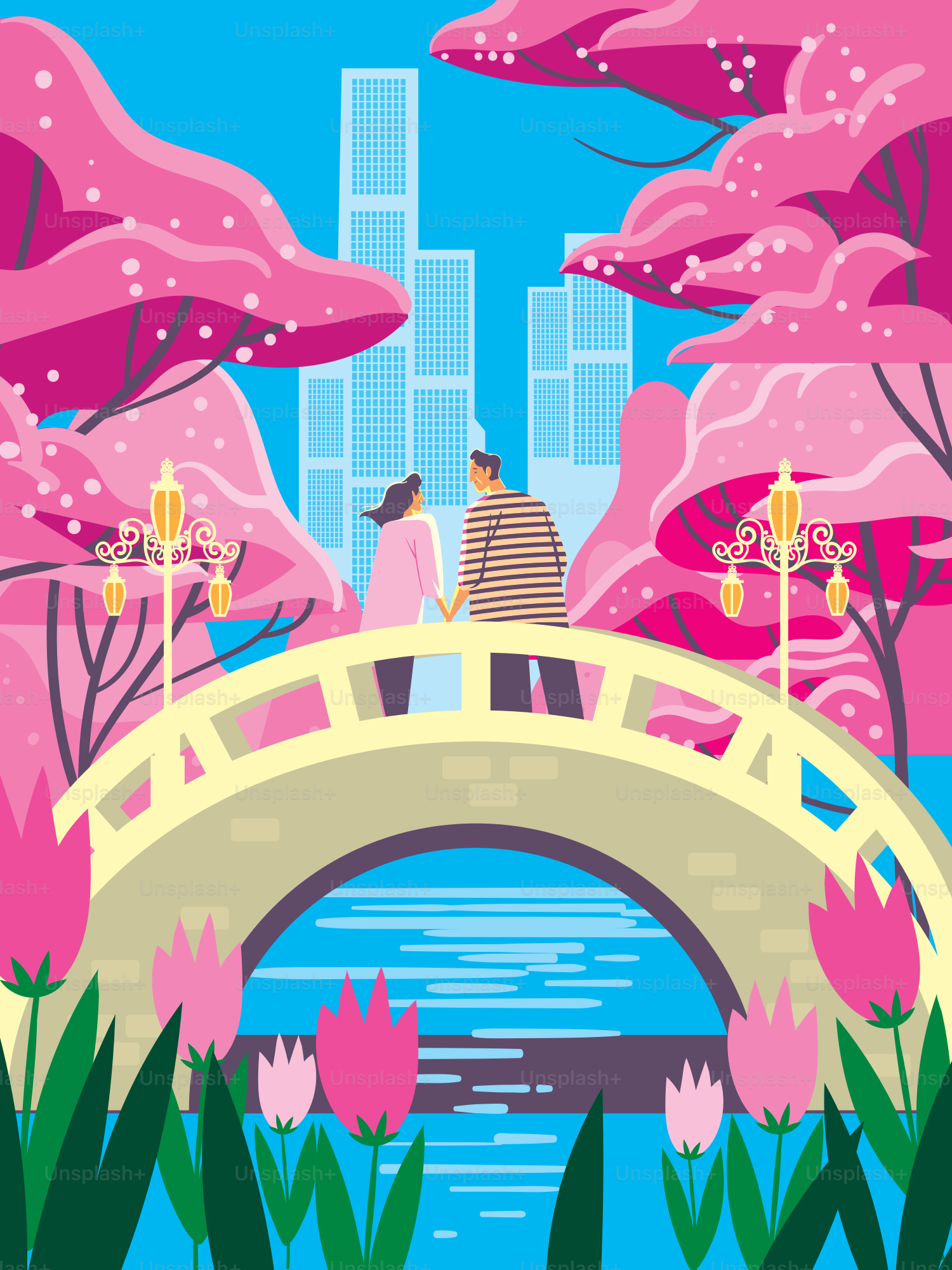 A couple standing on a bridge over a river