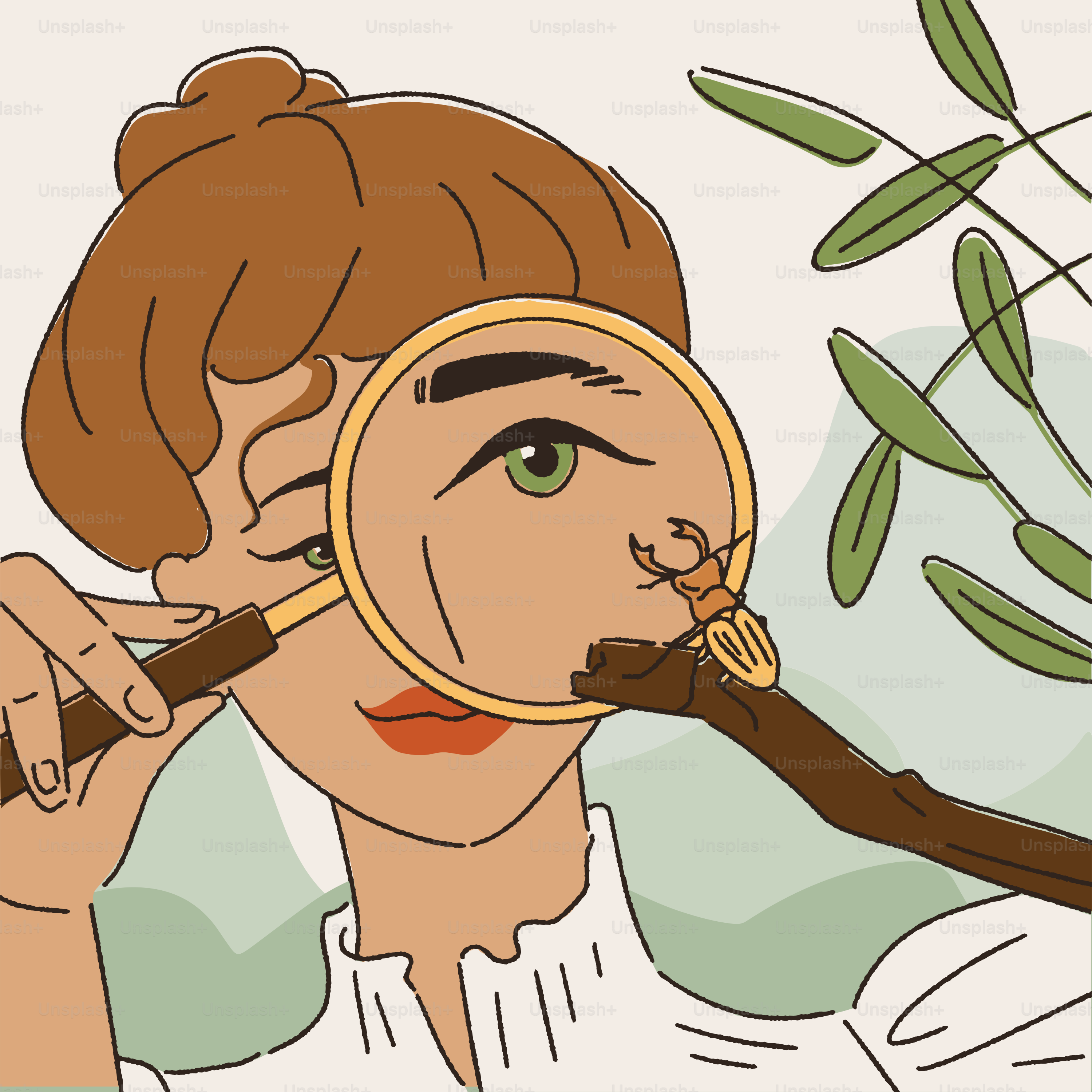 A woman looking through a magnifying glass at a plant