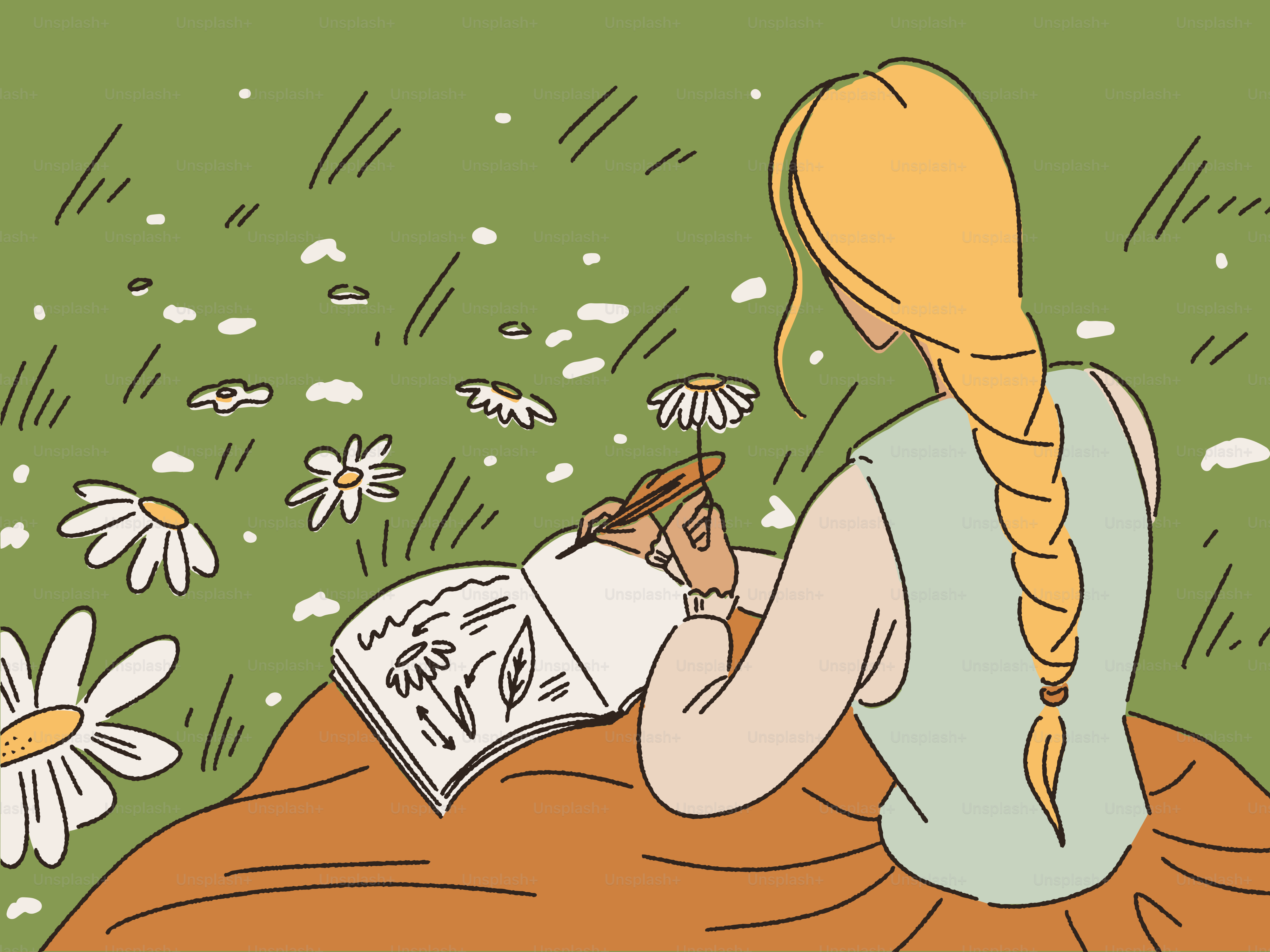 Eine Zeichnung eines Mädchens, das ein Buch in einem Feld voller Gänseblümchen liest,