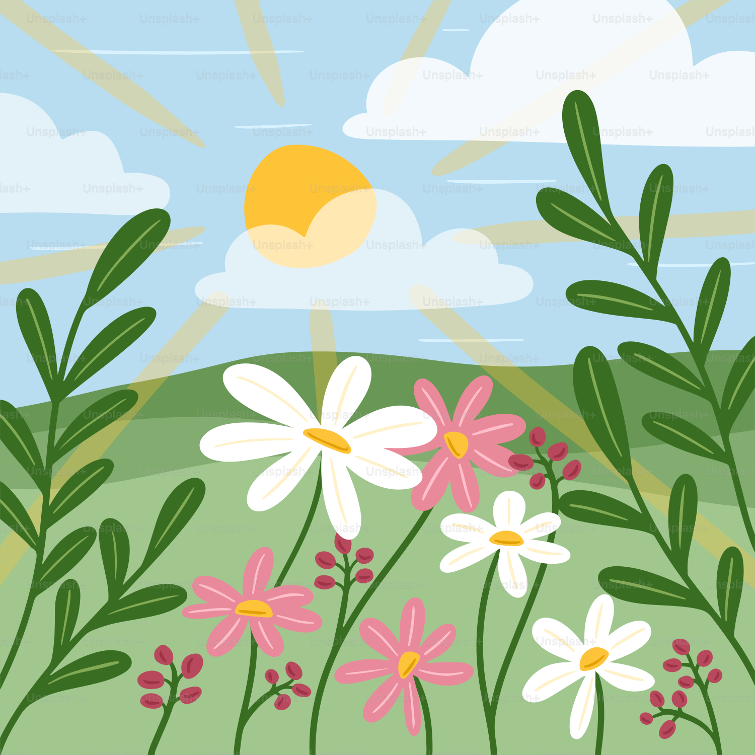 A painting of flowers in a field with the sun in the background