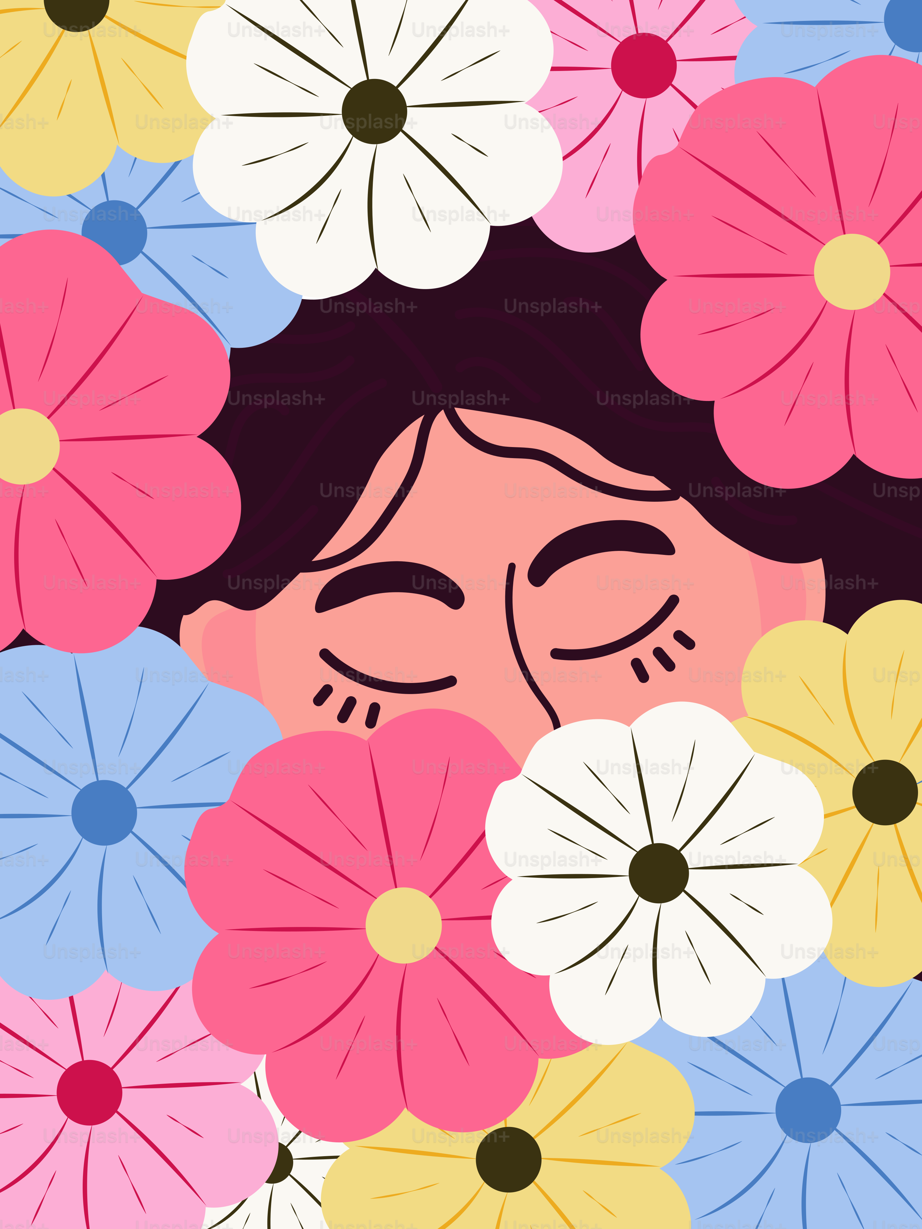 A woman with her eyes closed surrounded by flowers