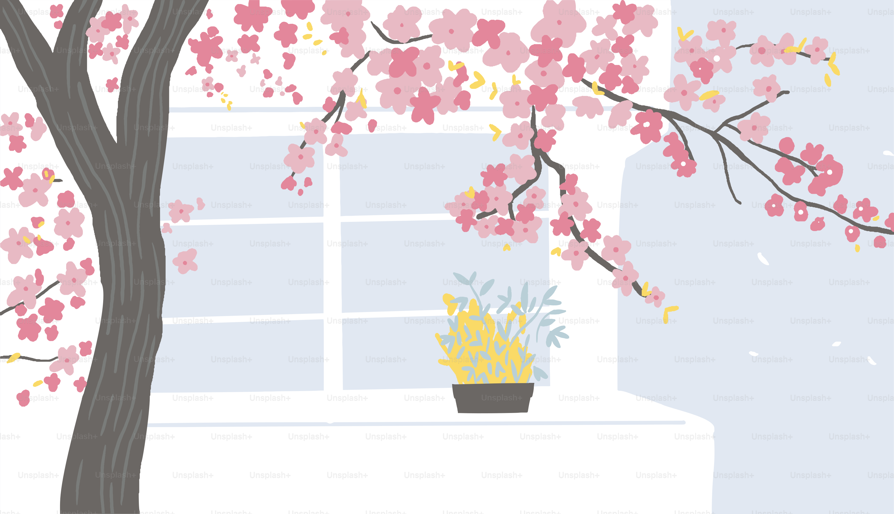 A picture of a tree with pink flowers in front of a window