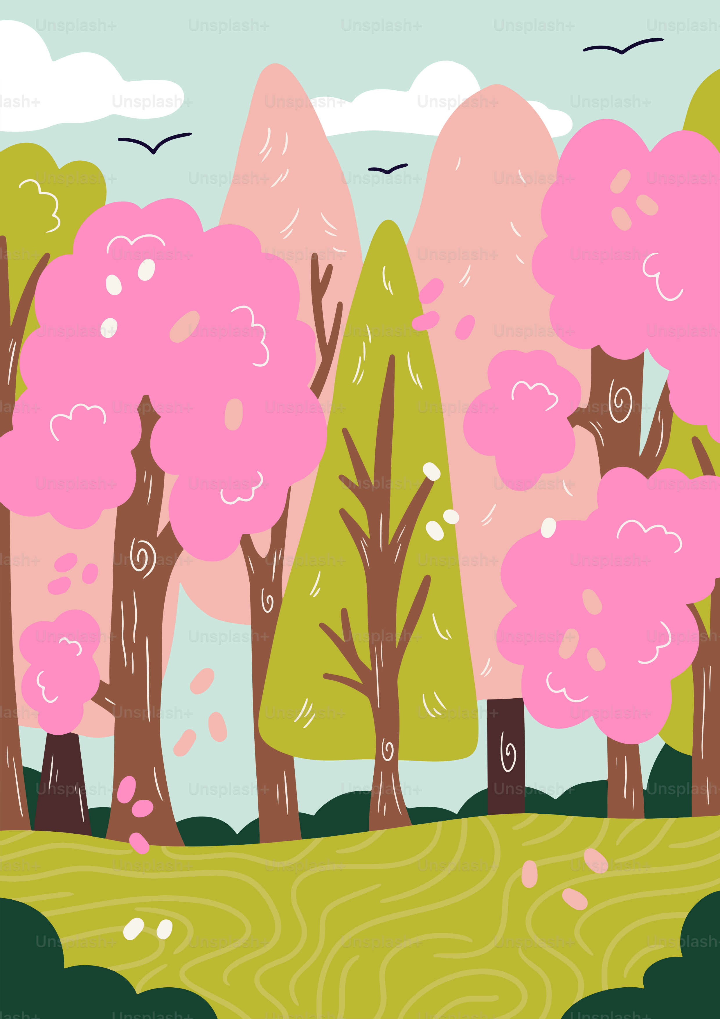 A drawing of a forest with pink trees