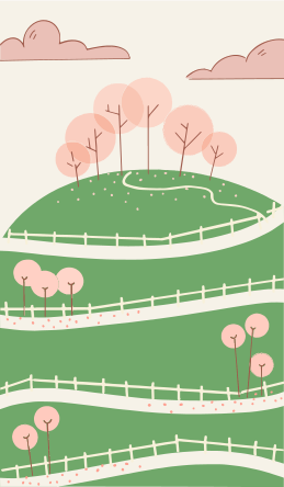 A green hill with trees and a white fence