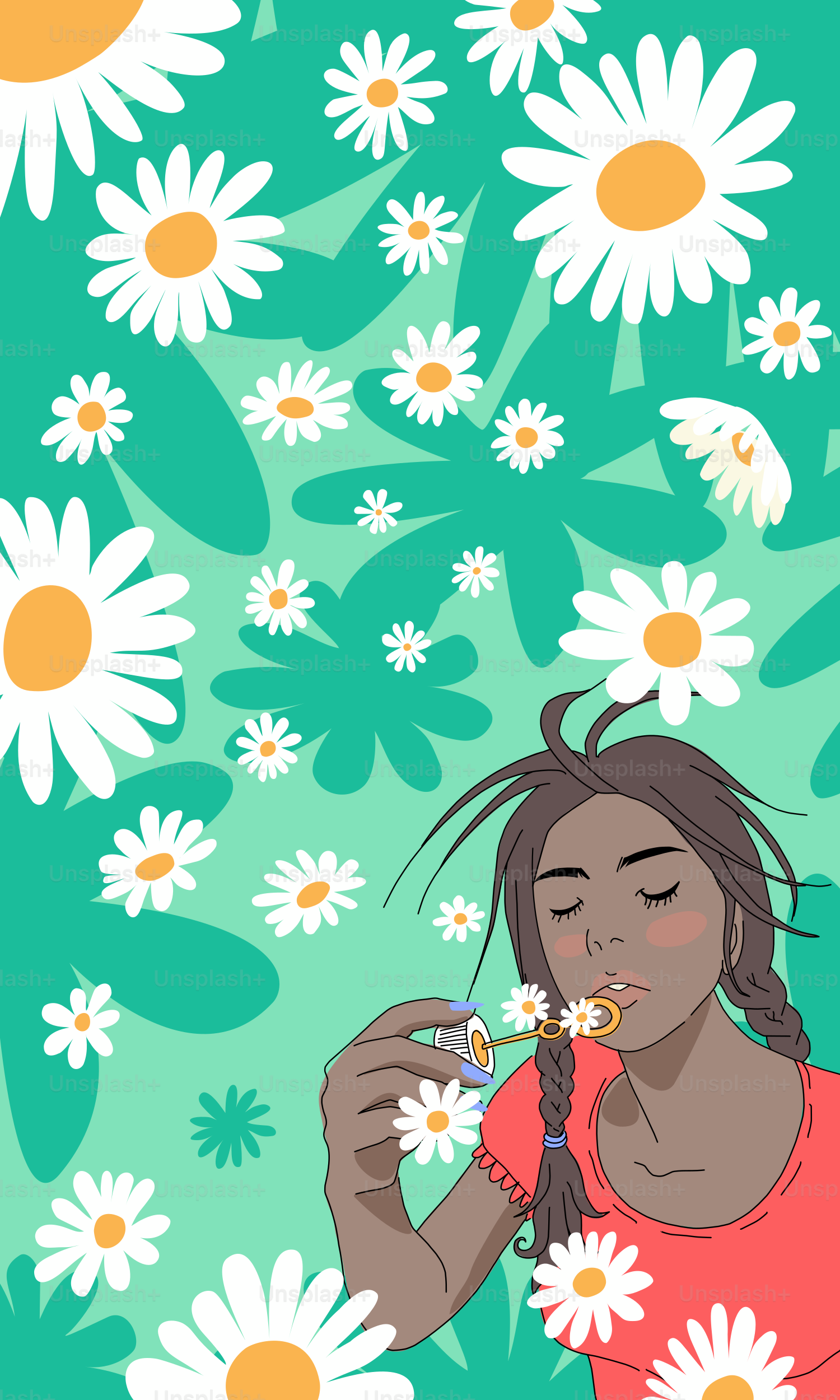 Un cuadro de una mujer en un campo de margaritas