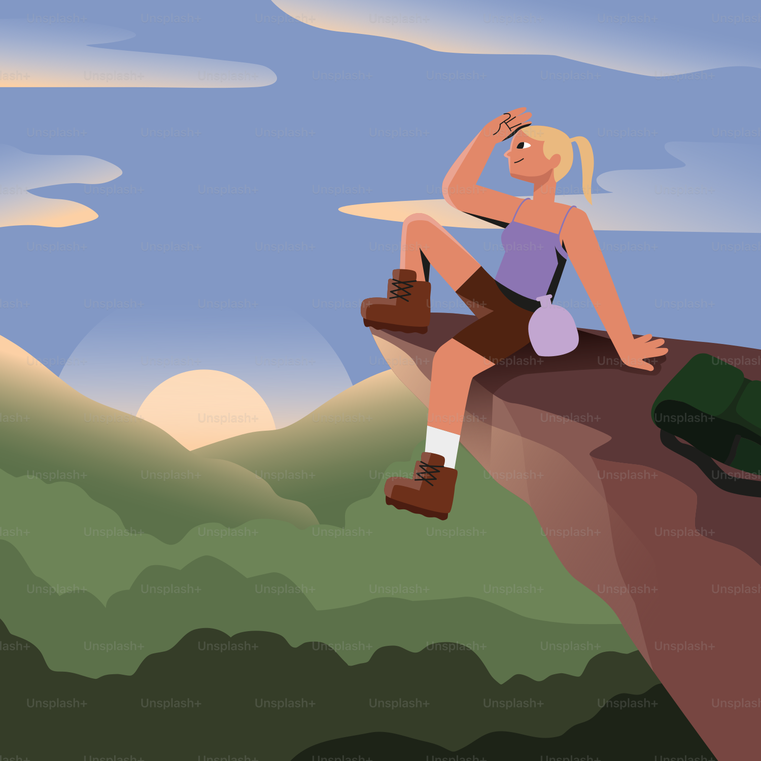 A woman sitting on top of a cliff with a backpack