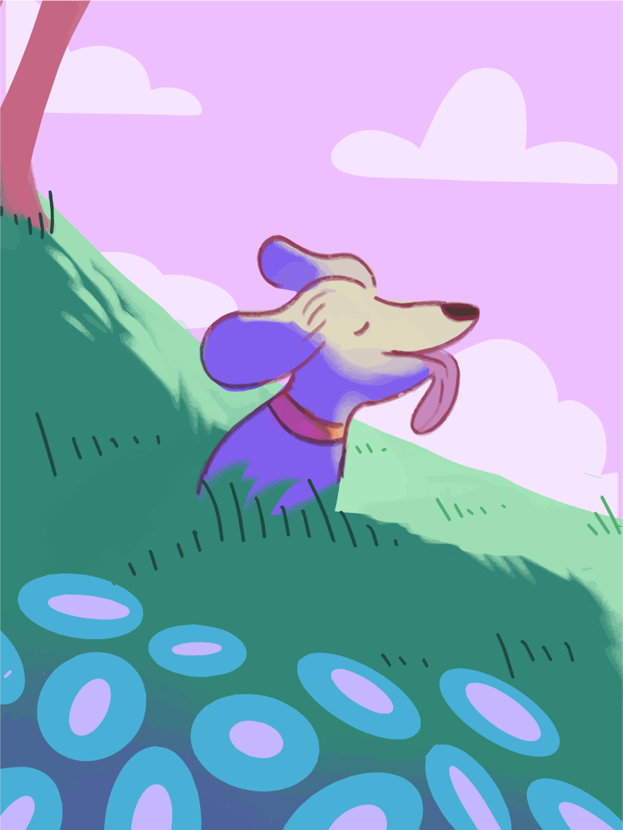 Eine Zeichnung eines Hundes auf einem Hügel