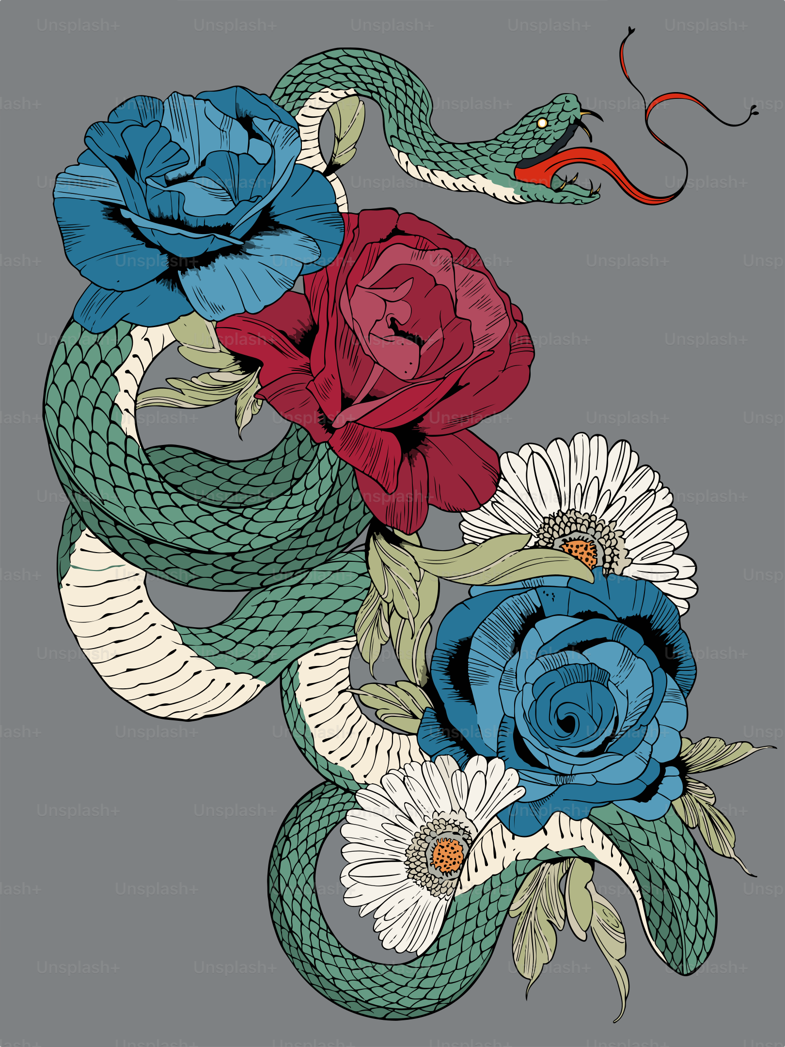 Eine Schlange und Blumen auf grauem Hintergrund