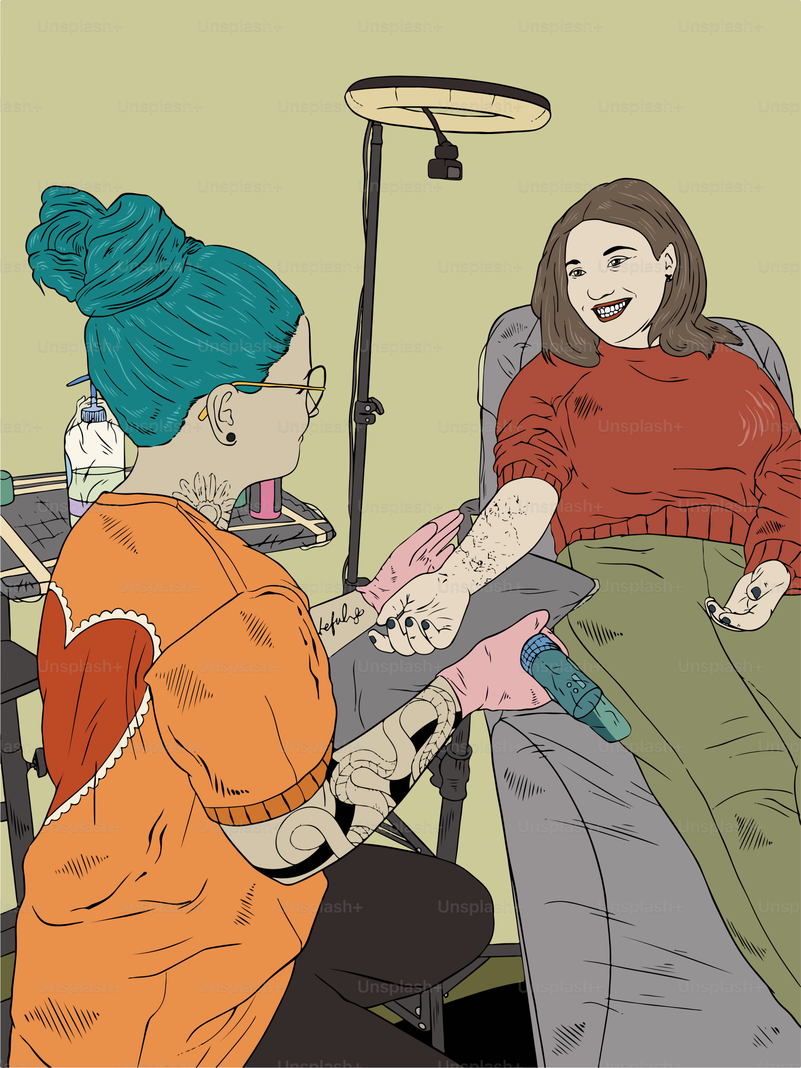 A drawing of two women sitting in a chair