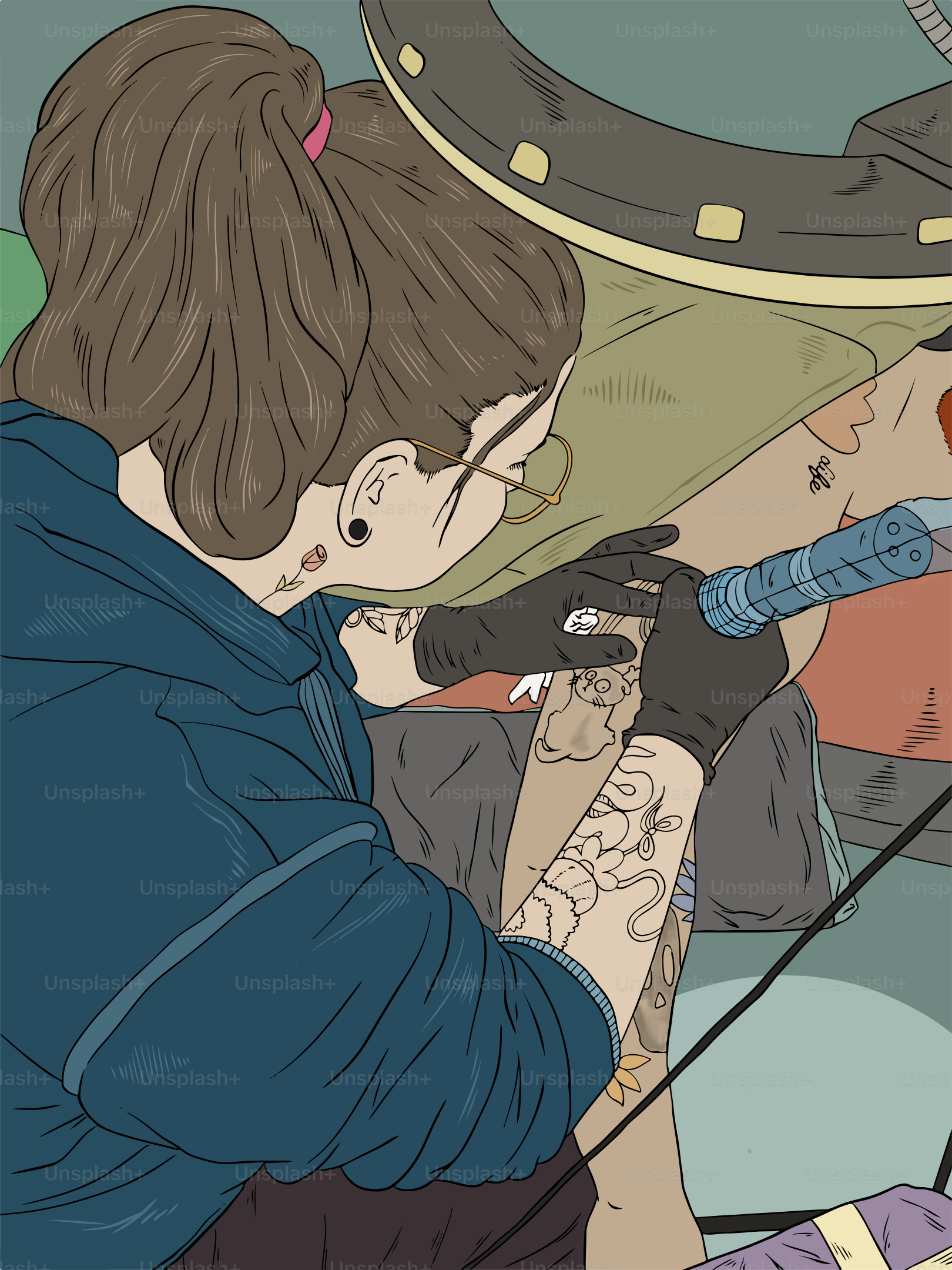 A drawing of a person getting a tattoo on another person's arm