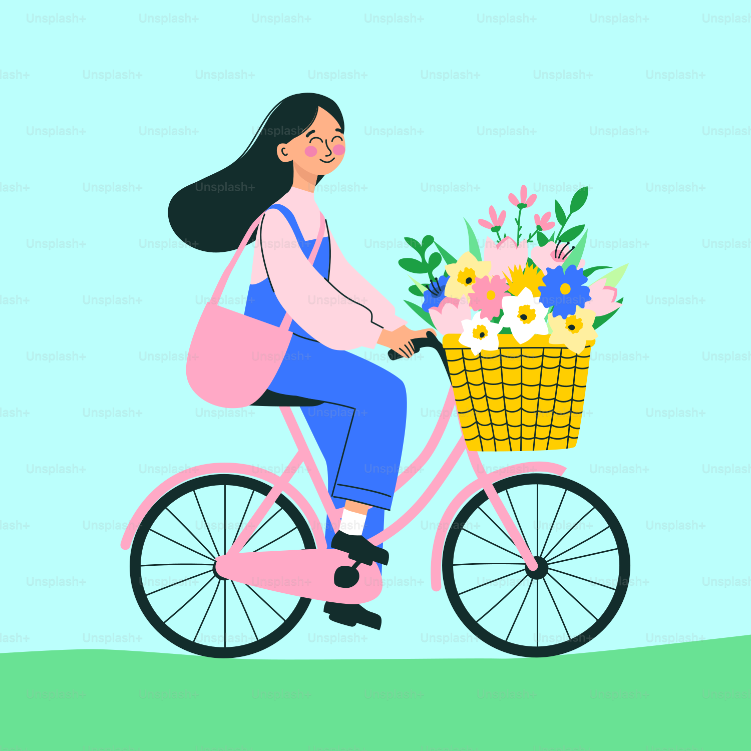 Une femme à vélo avec un panier de fleurs