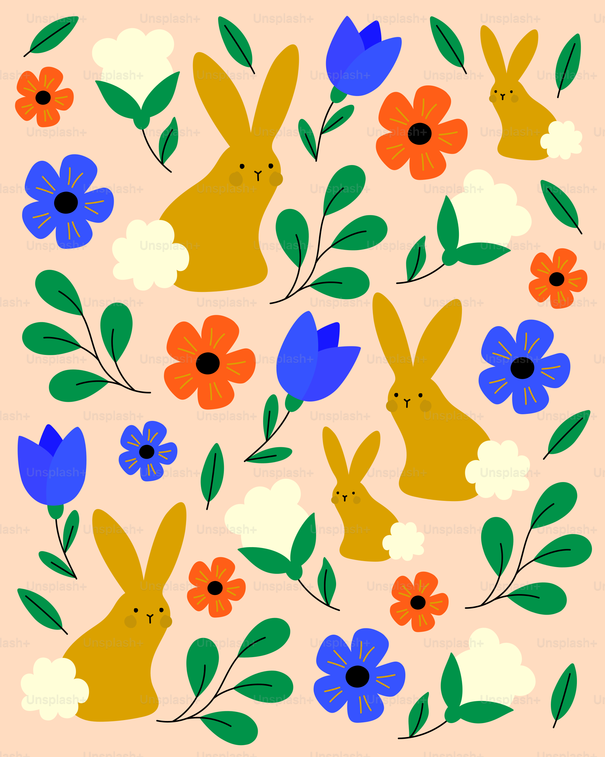 Un fond rose avec des lapins bleus, orange et jaunes entourés de fleurs