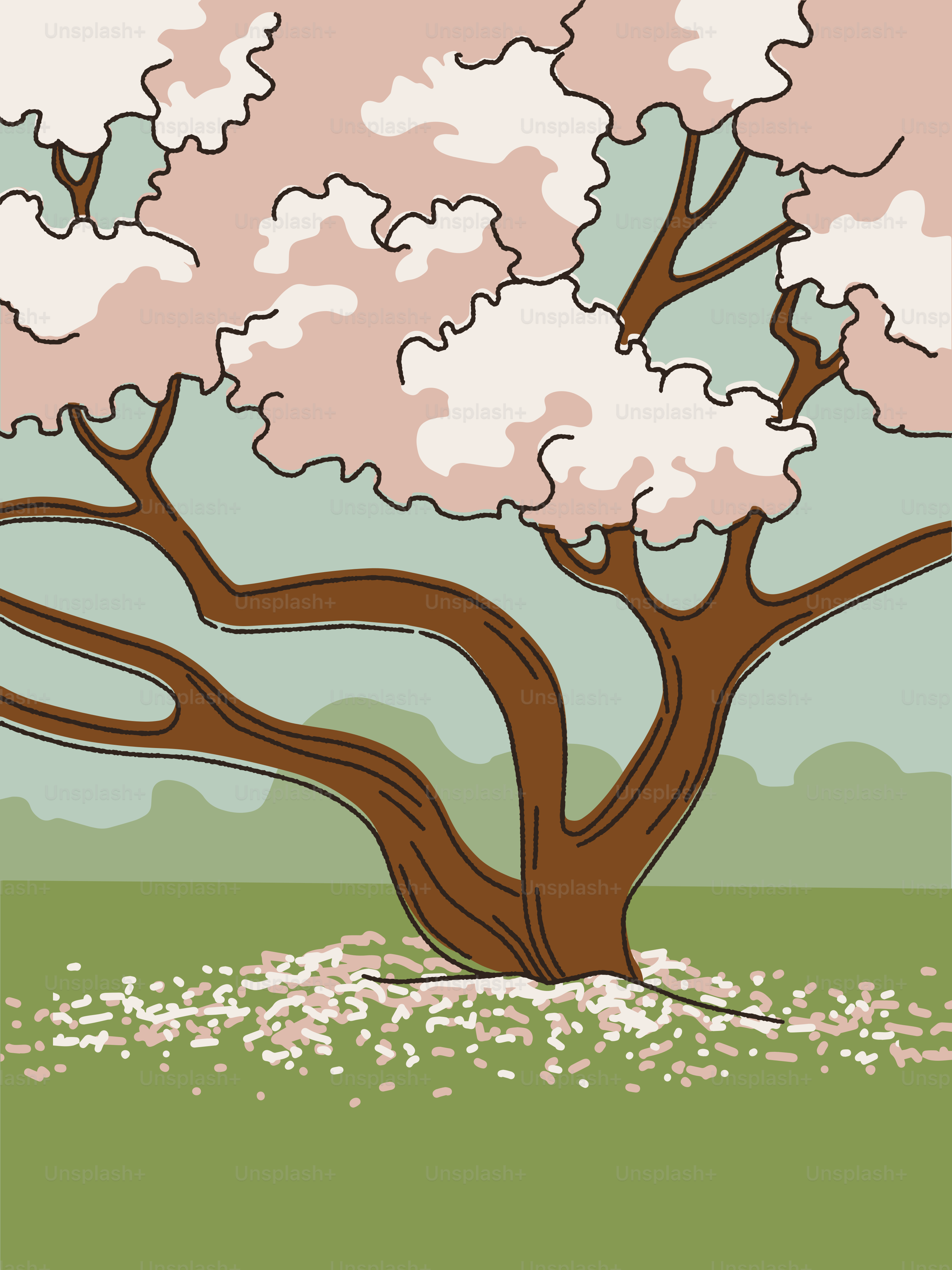 A drawing of a tree with pink flowers