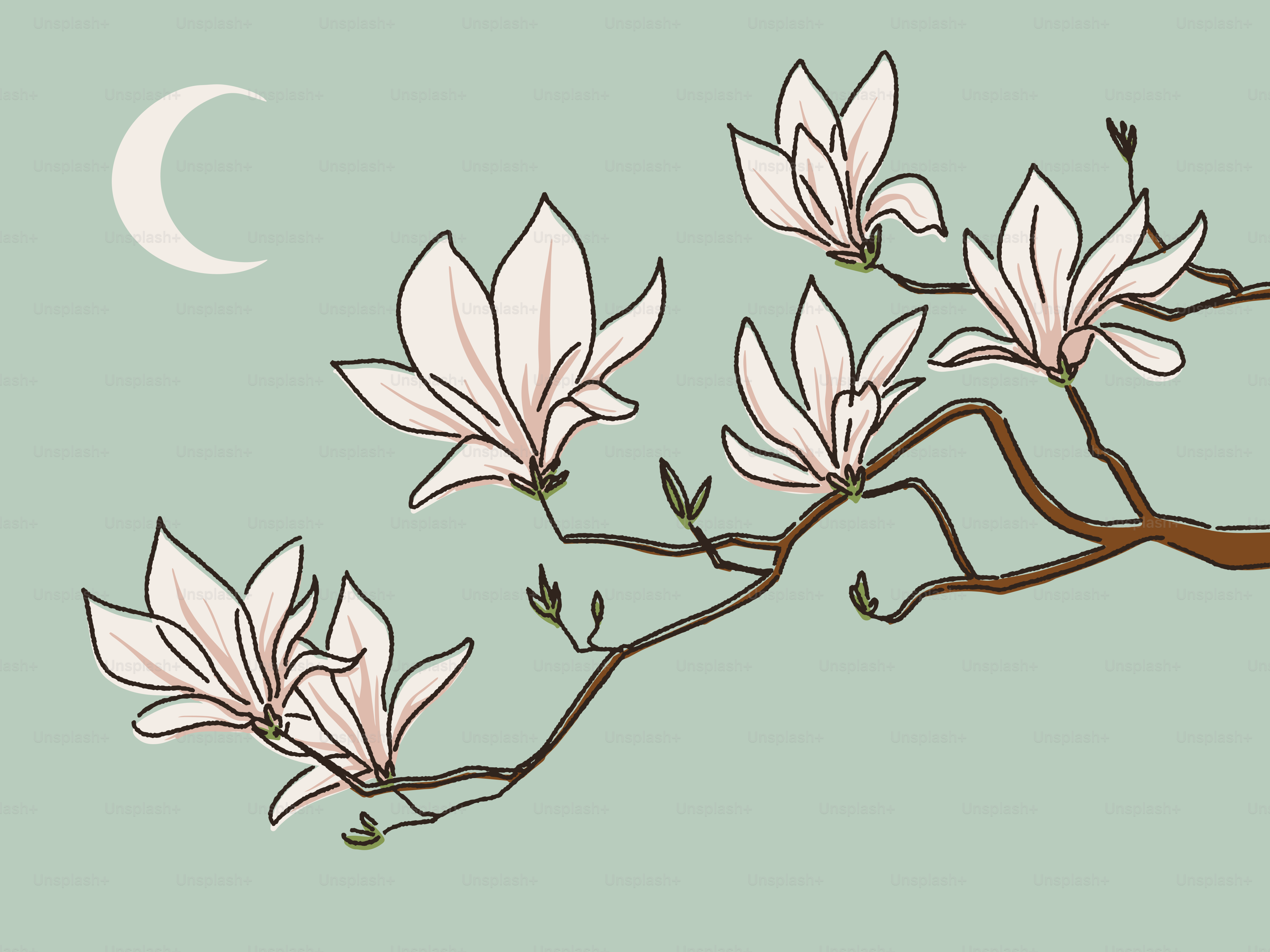 A painting of a branch with flowers and a half moon in the background