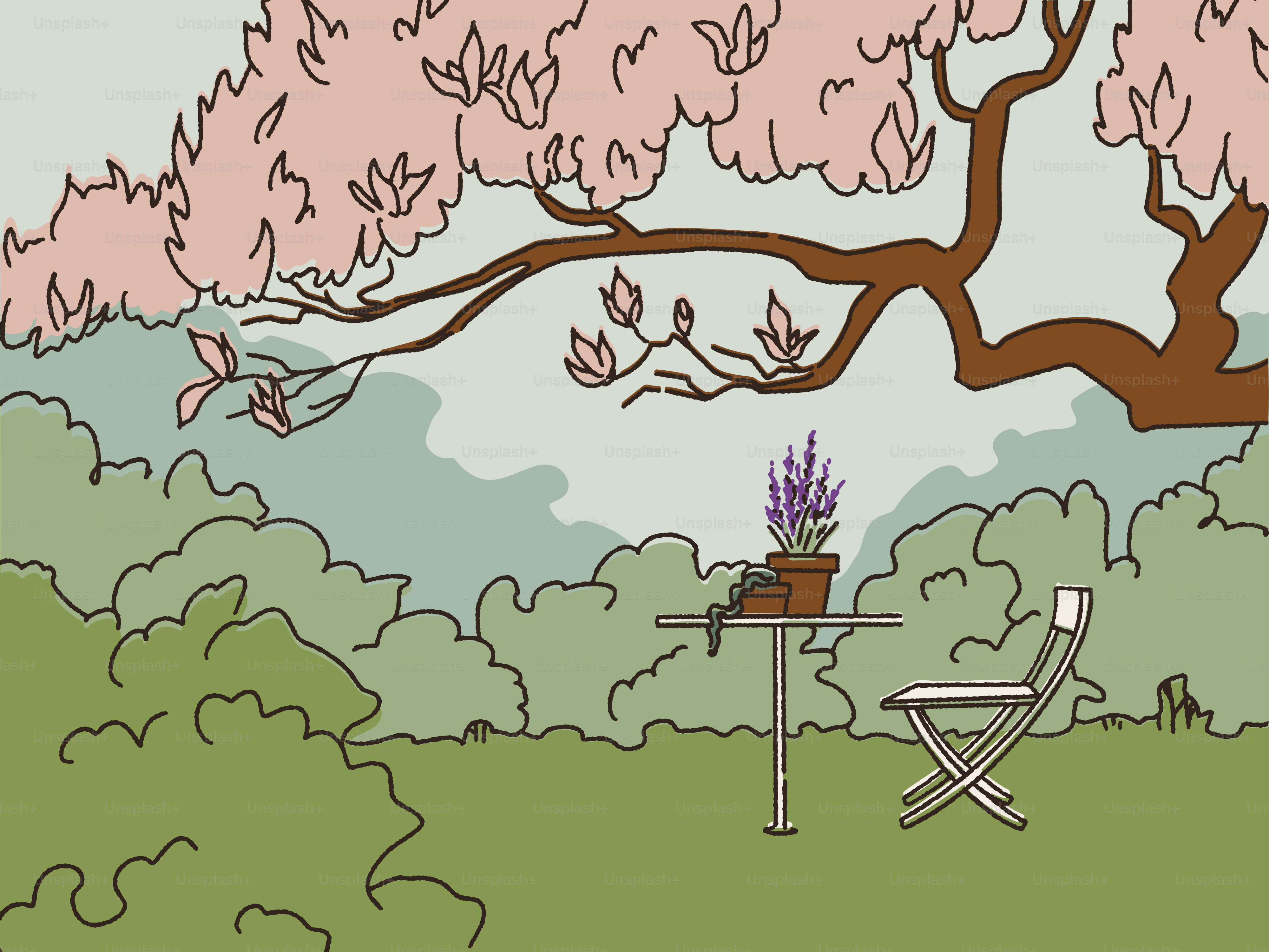 A drawing of a tree with pink flowers