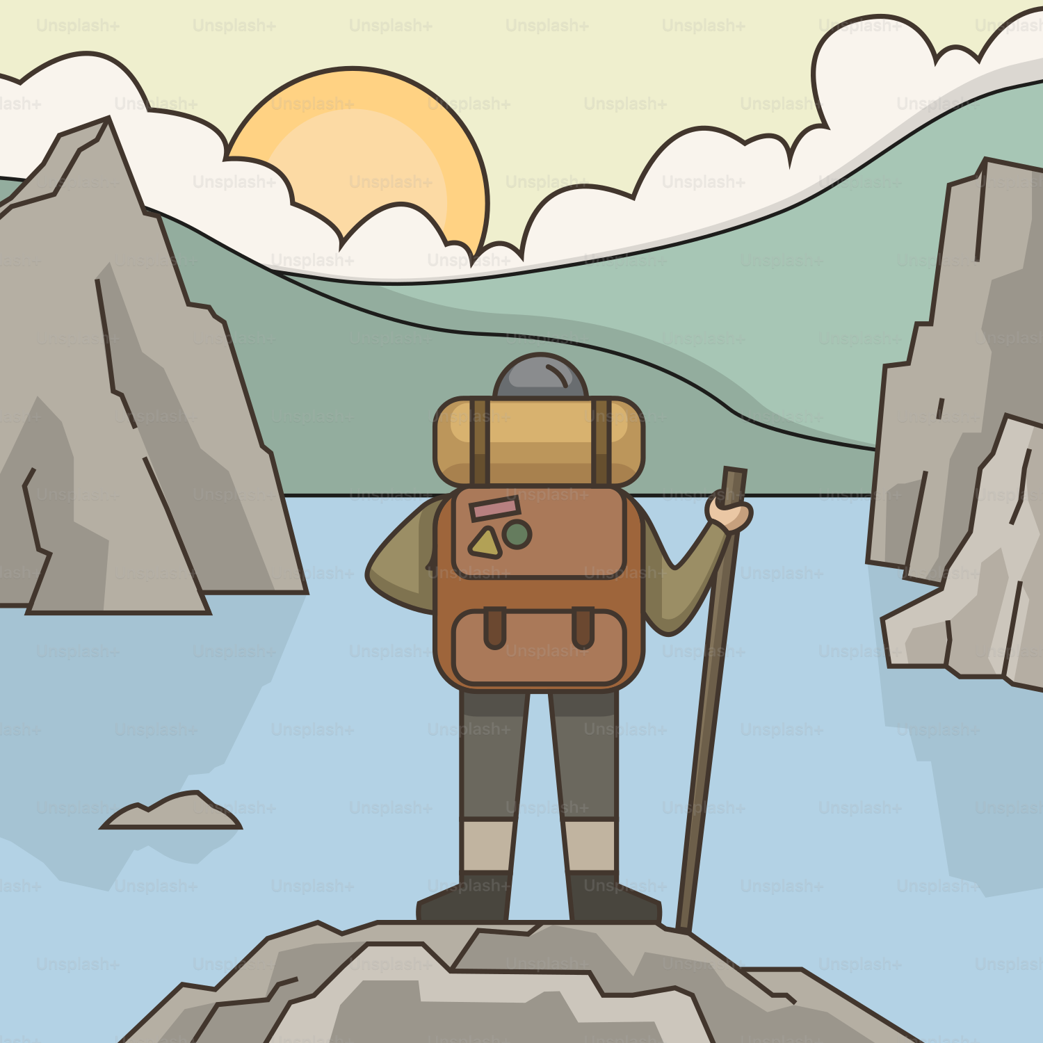 A man with a backpack standing on top of a mountain