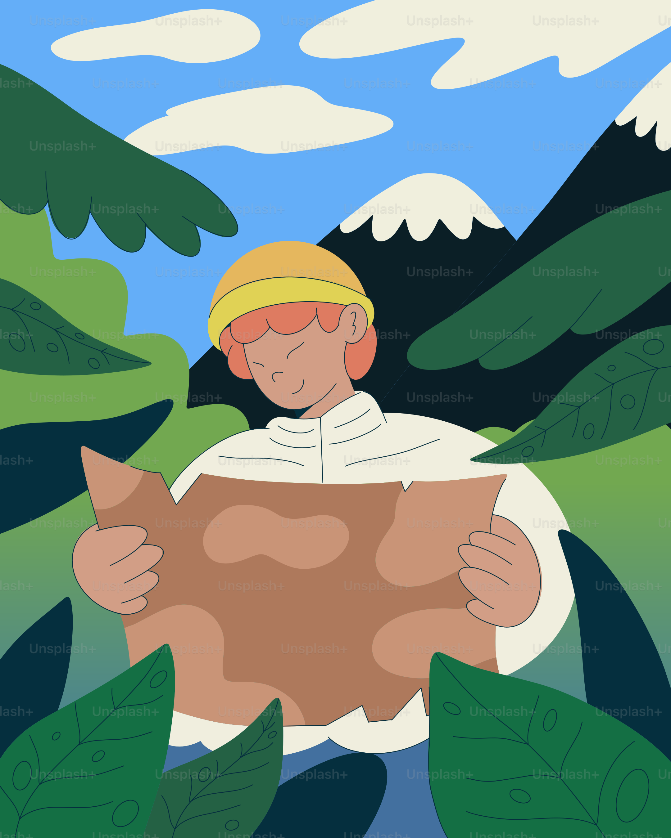 Ein Mann hält eine Karte in einem Wald