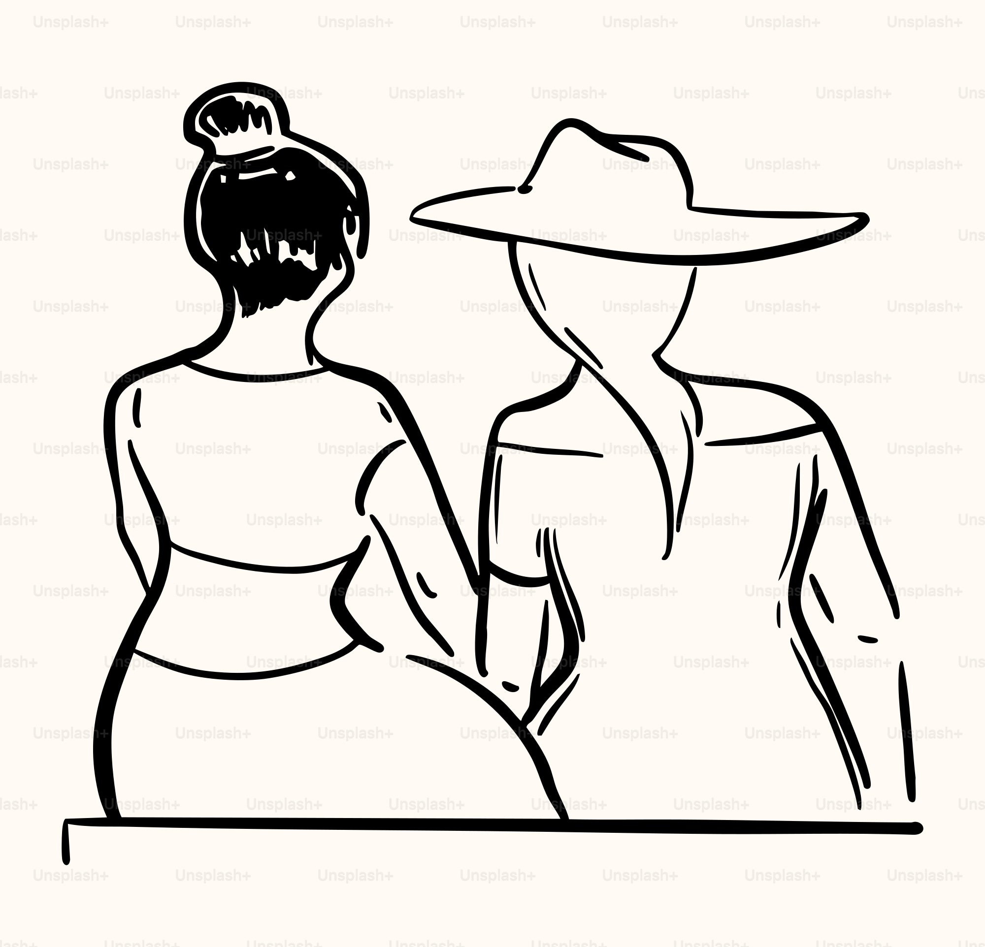 A black and white drawing of a man and a woman