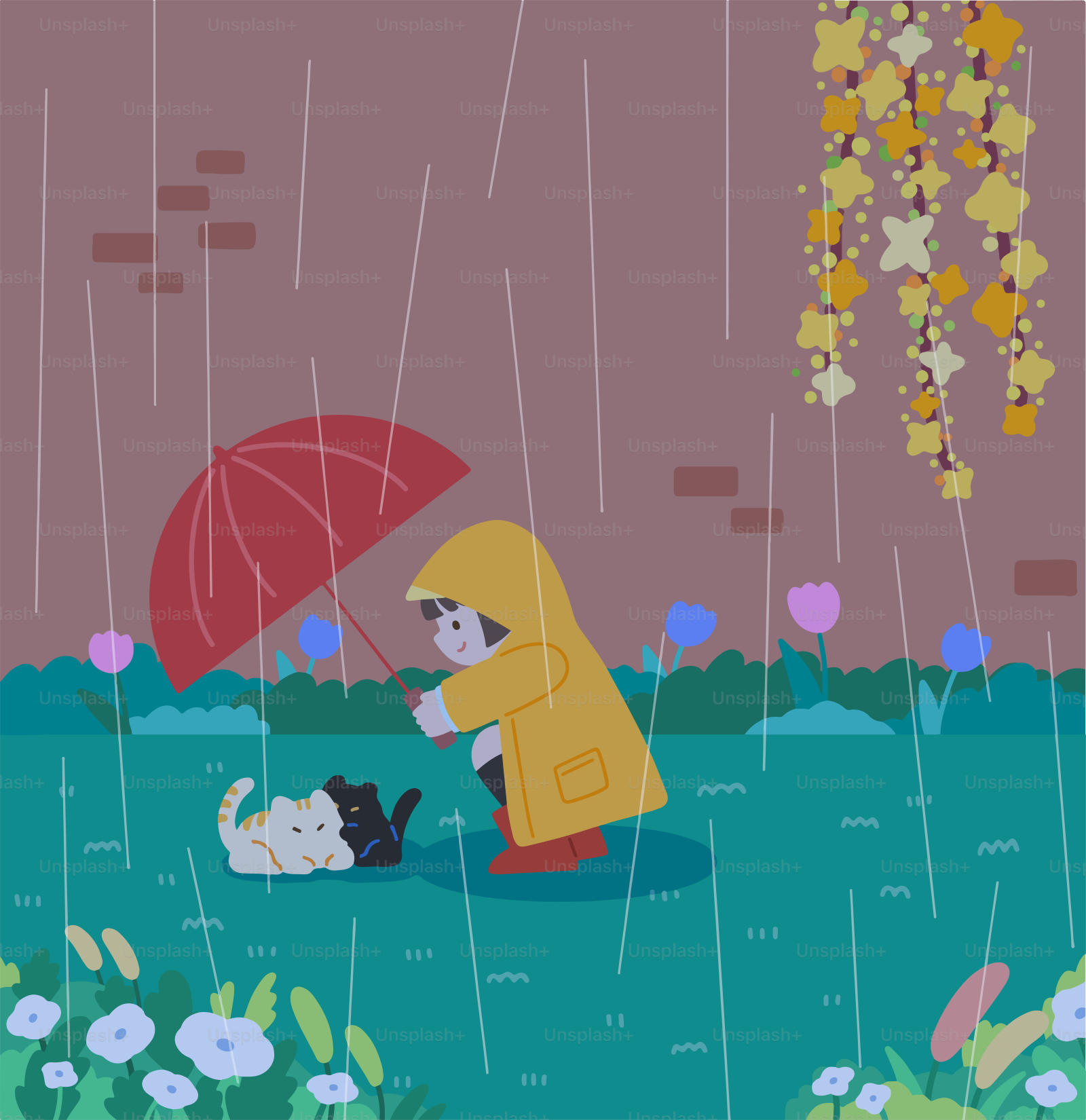 Eine Frau im gelben Regenmantel hält einen Regenschirm in der Hand