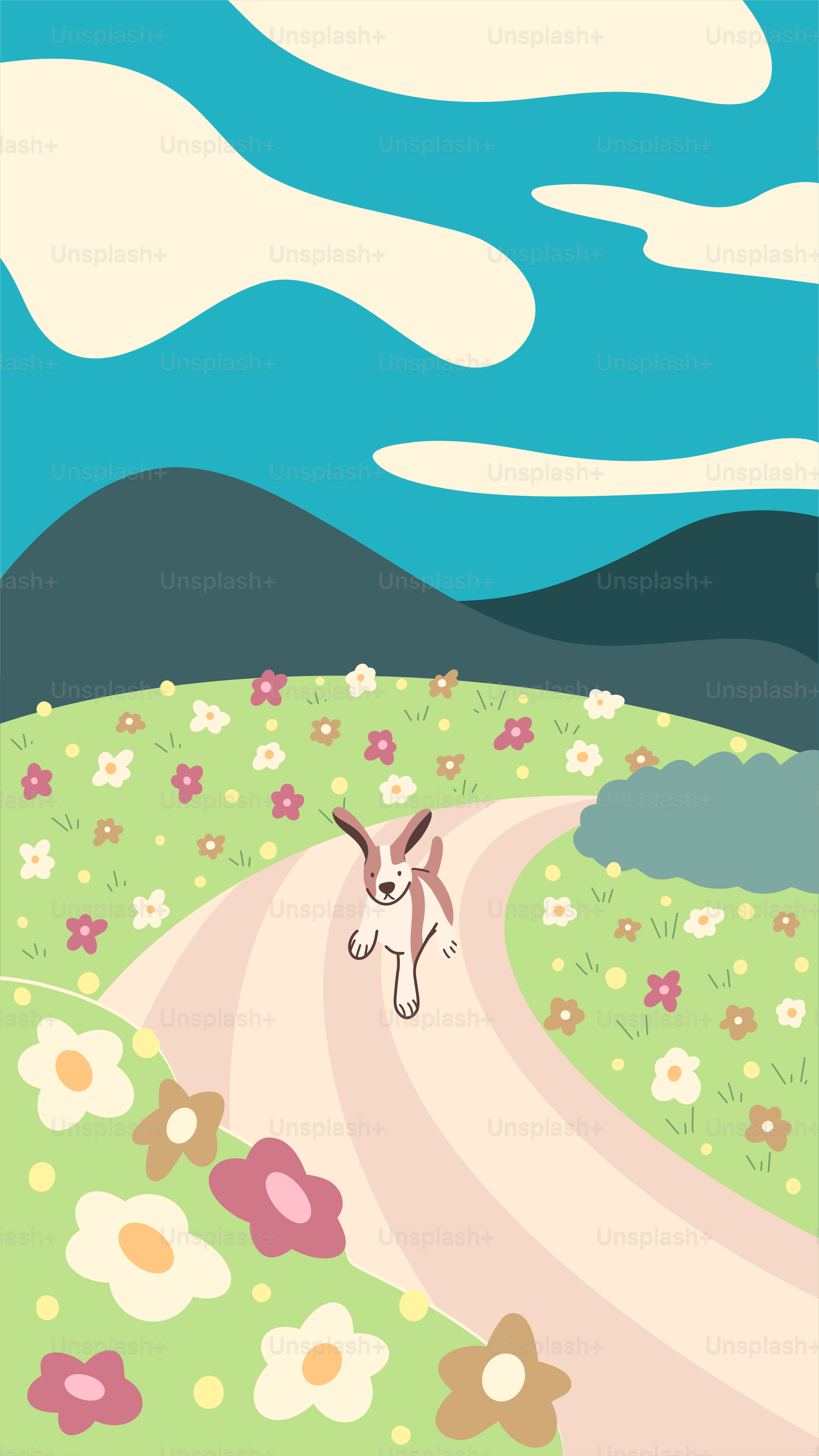 A painting of a bunny running down a road