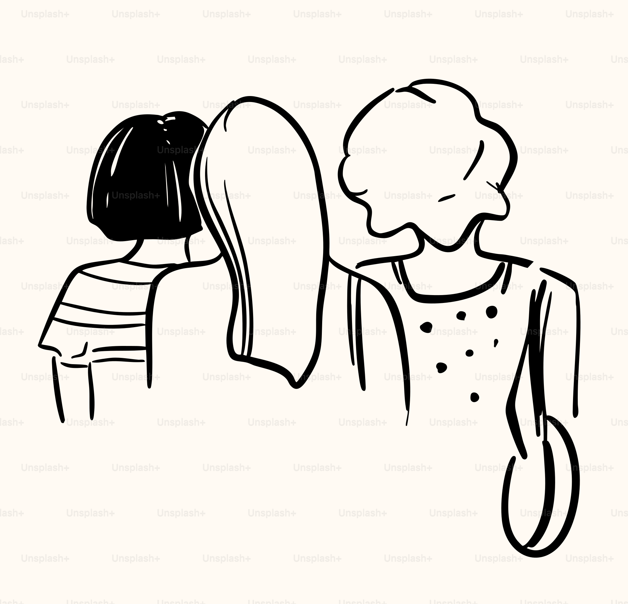 A black and white drawing of a woman and a man