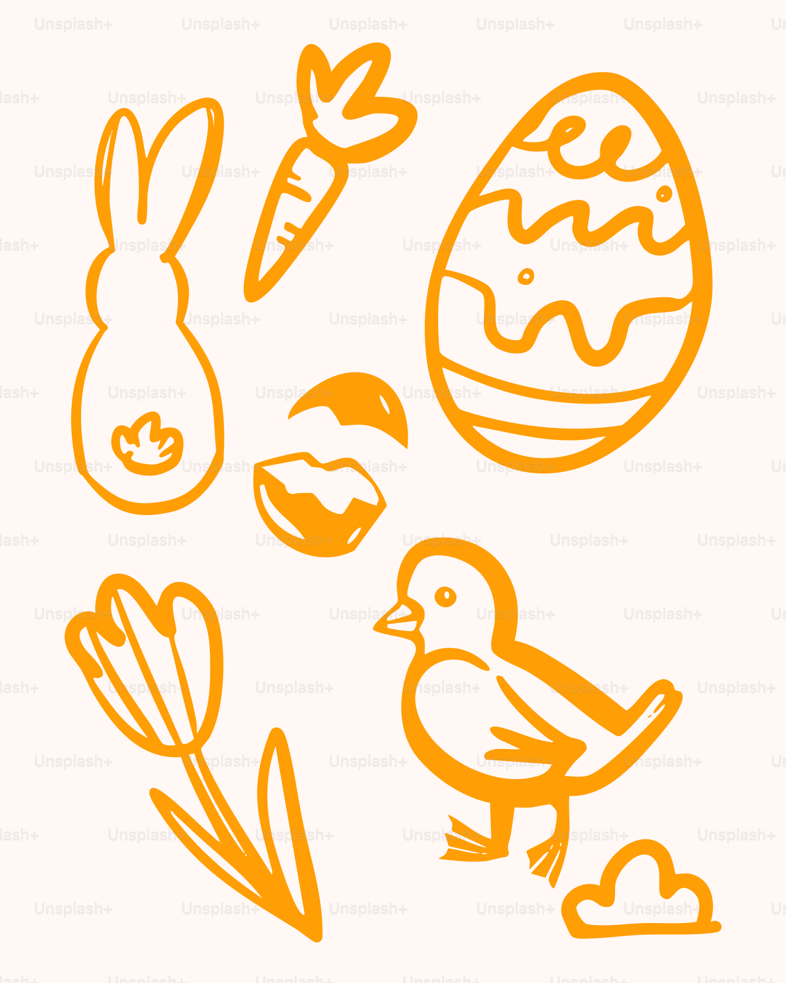 A drawing of an egg, carrots, and a bird