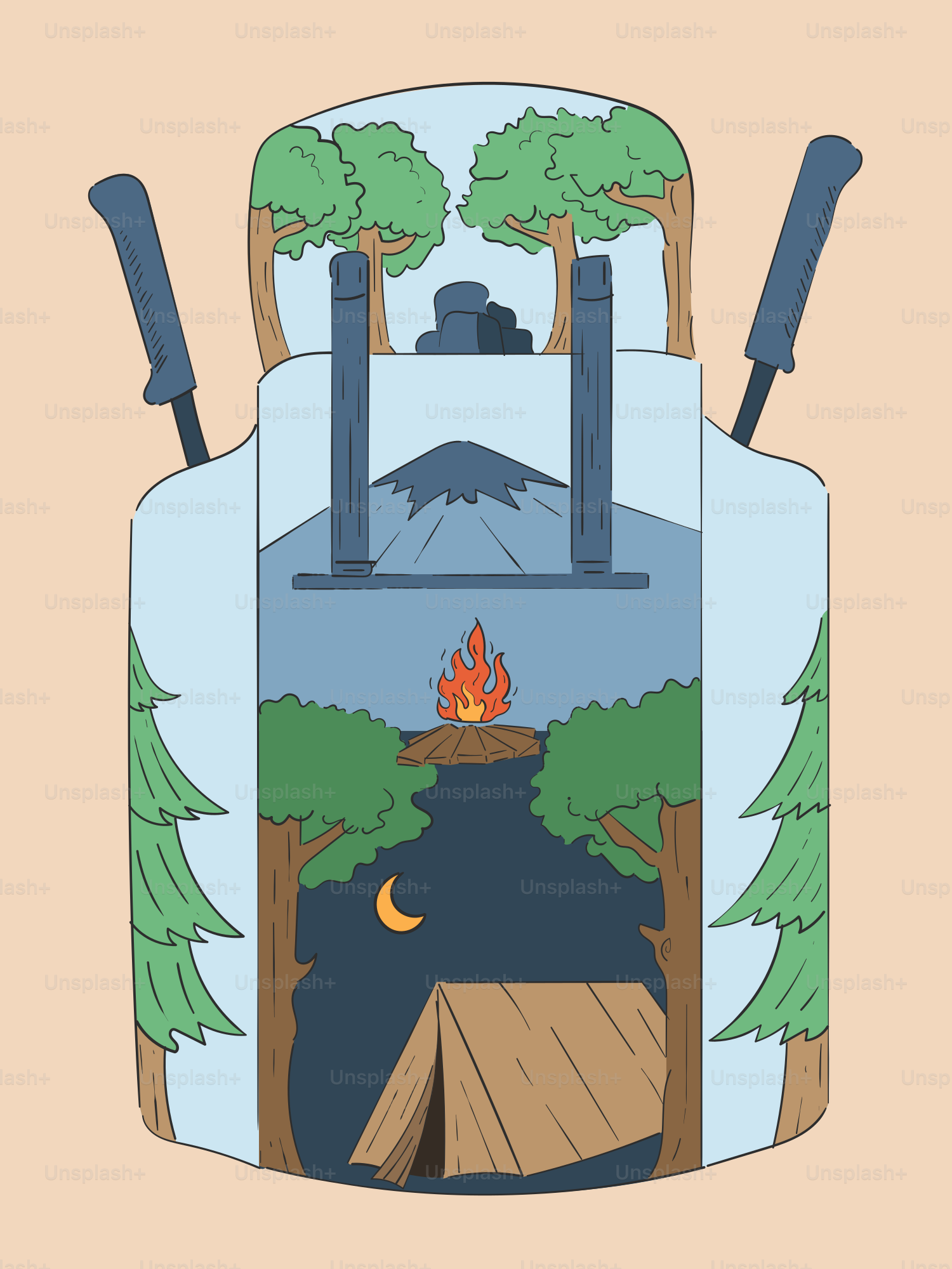 An illustration of a backpack with a campfire in it
