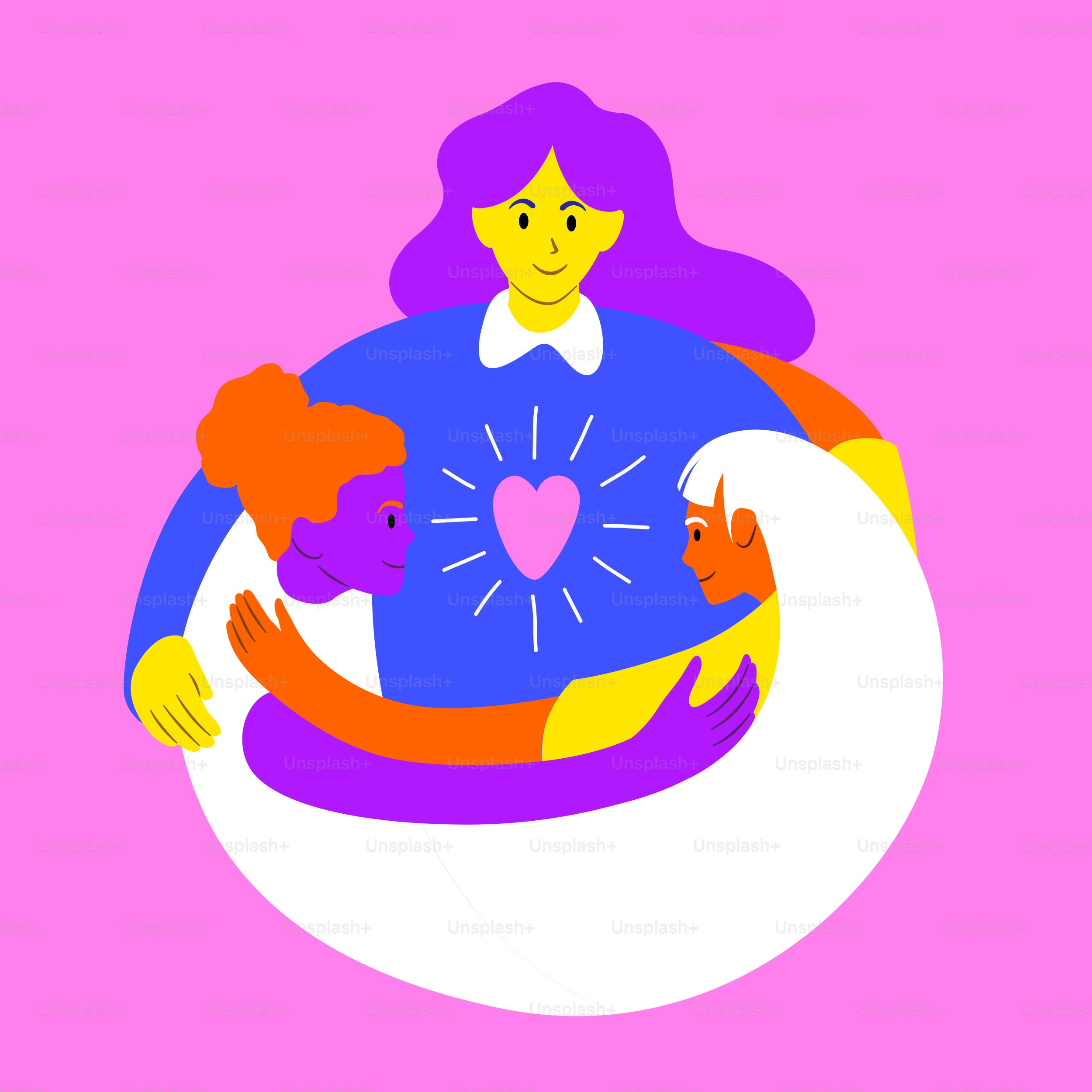 A drawing of a woman holding a dog on a pink background