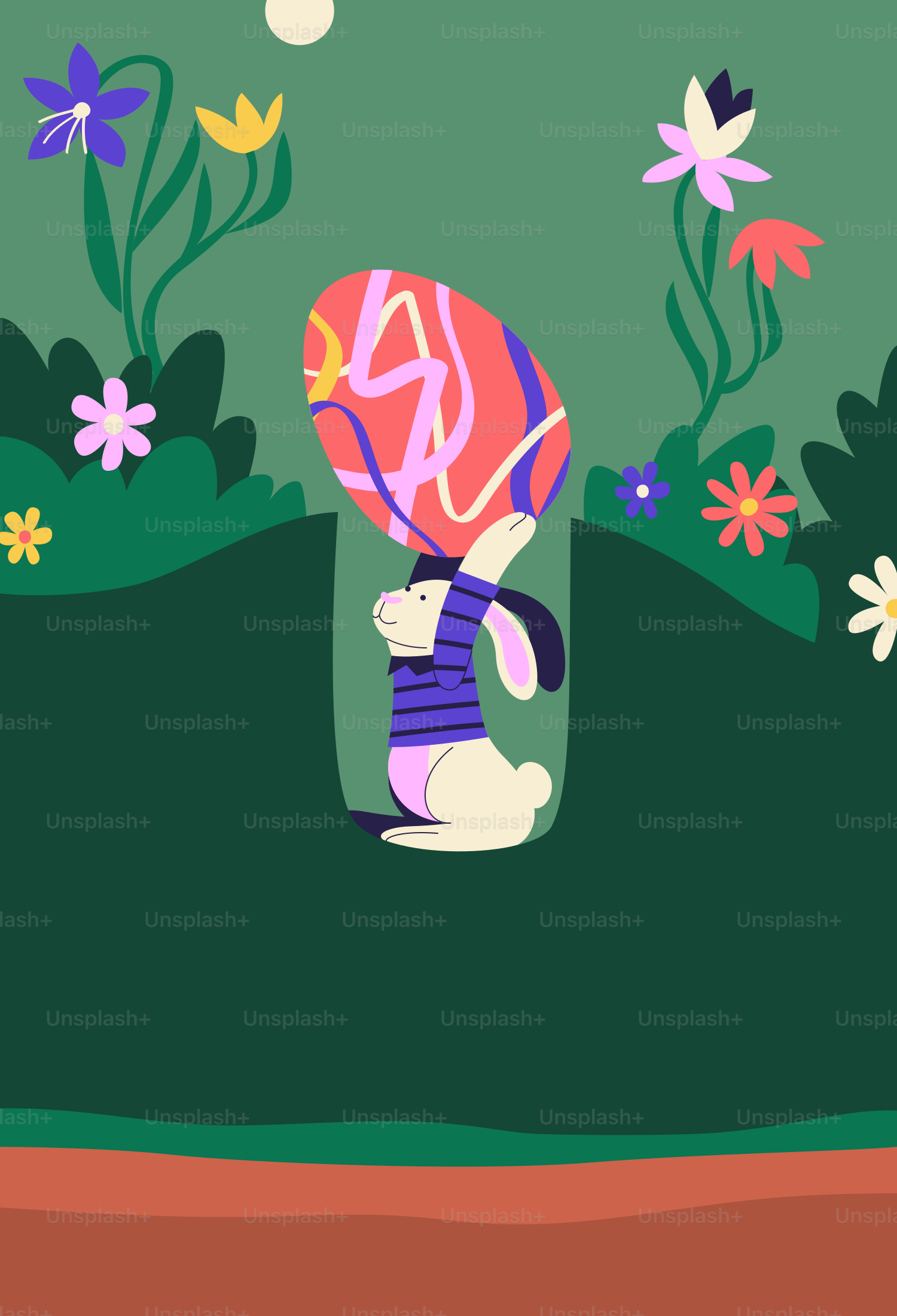 A cartoon bunny holding a balloon in a field of flowers